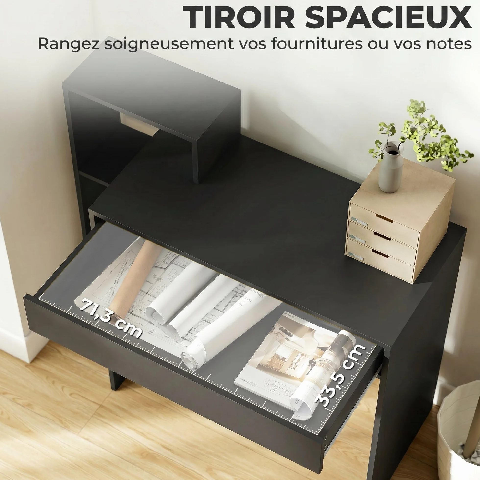 HOMCOM Escritorio con Almacenamiento, Escritorio PC, 100x40x90 cm, Negro | con 3 estantes, cajón, estación de trabajo, Escritorio de computadora para teletrabajo, sala de estar