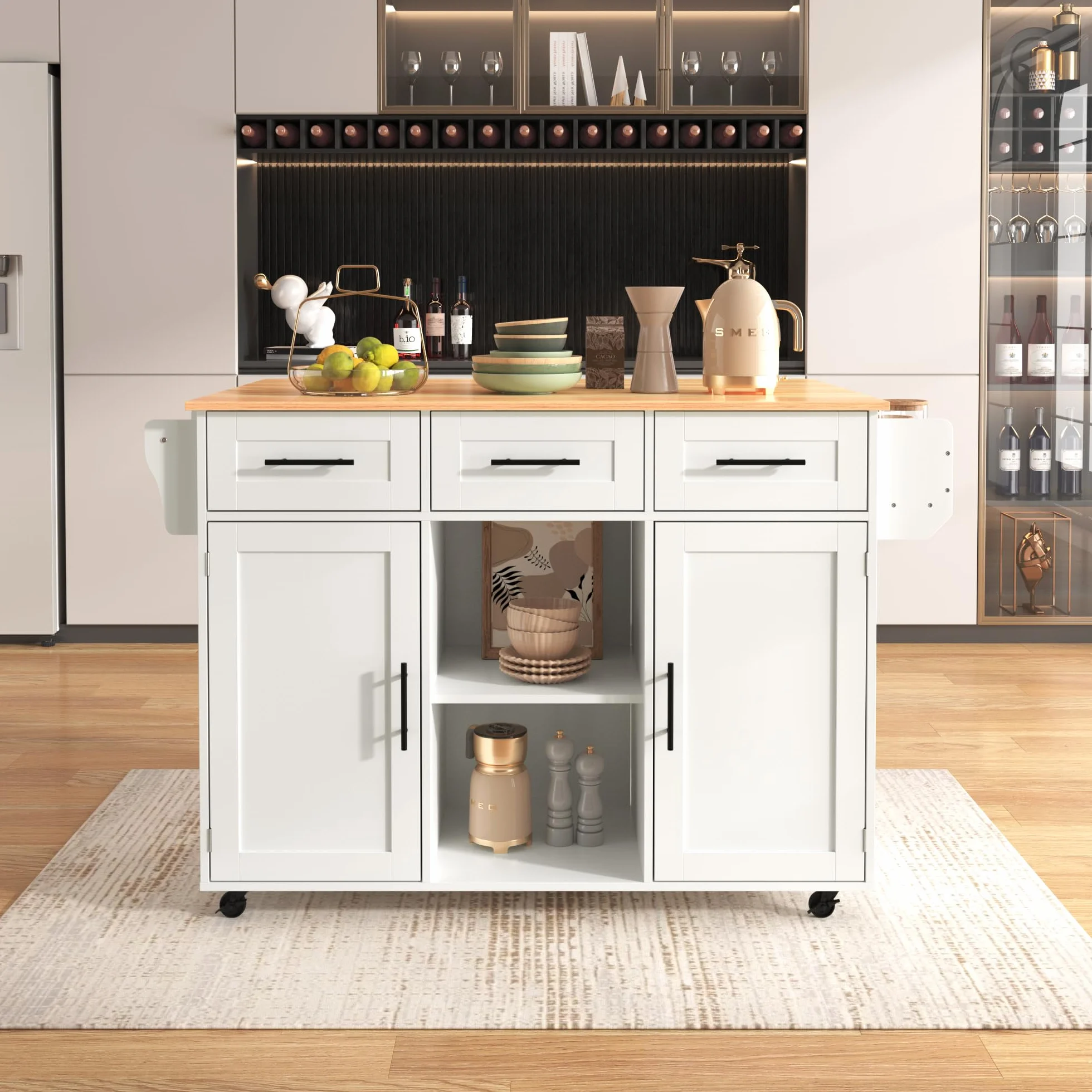 Isla de cocina con superficie de trabajo abatible, isla de cocina móvil con carro de servir sobre ruedas con 3 cajones/2 compartimento cerrado/patas intercambiables de madera maciza, 129x46(71