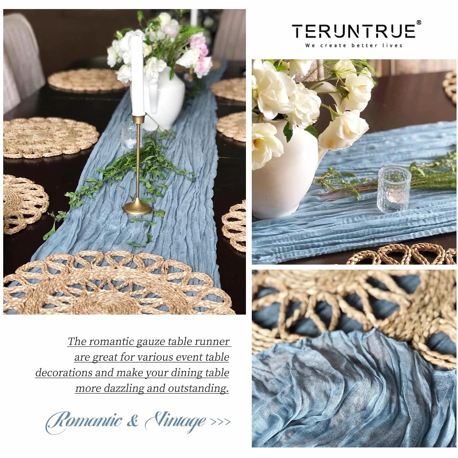 Teruntrue Pack de 20 Camino de Mesa Azul Polvo 45x275 cm, Gasa Transparente Boho para Boda, Ducha de Novia, cumpleaños, hogar, jardín, Granja