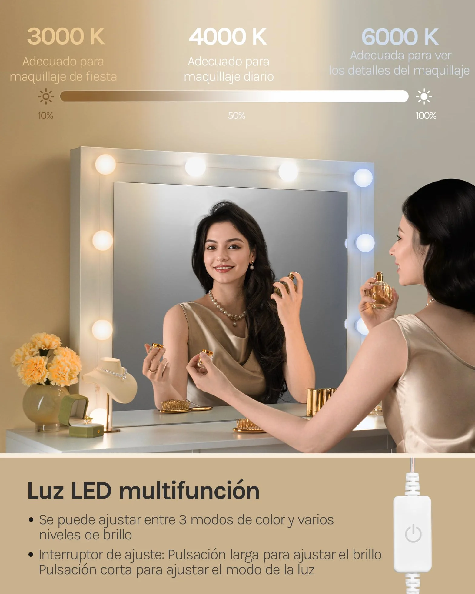 WOLTU Vanity de Maquillaje, Tocador de Maquillaje con Taburete, Tocador con Espejo y Luz LED, Luz Ajustable, con 7 Cajones, para Dormitorio, Sala de Belleza y Vestidor, 107x39,5x140,5 cm, Blanco