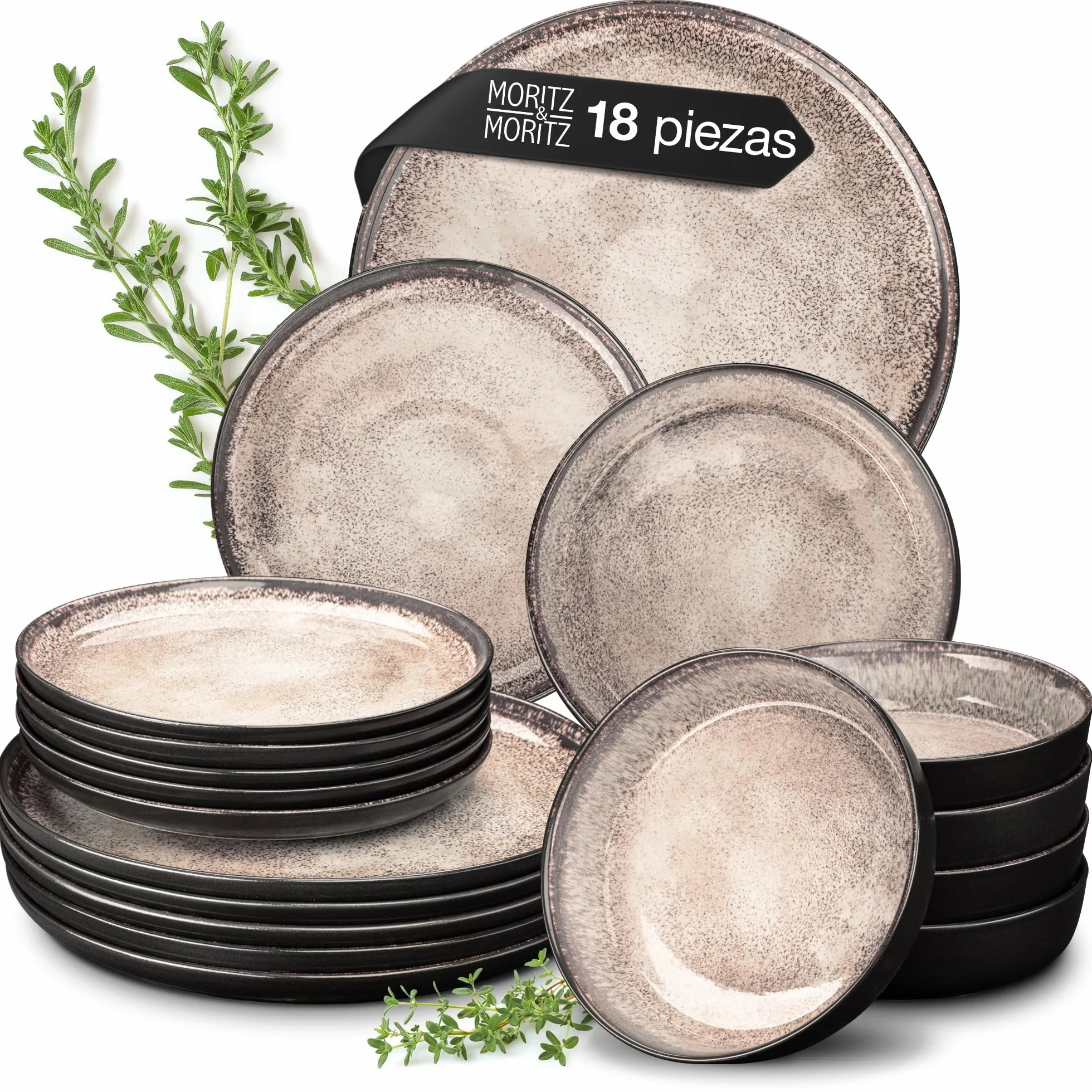 Moritz & Moritz VIDA Juego de 18 piezas de platos de mesa Juego de vajilla combinada en beige para 6 personas - de porcelana apta para el lavavajillas y el microondas