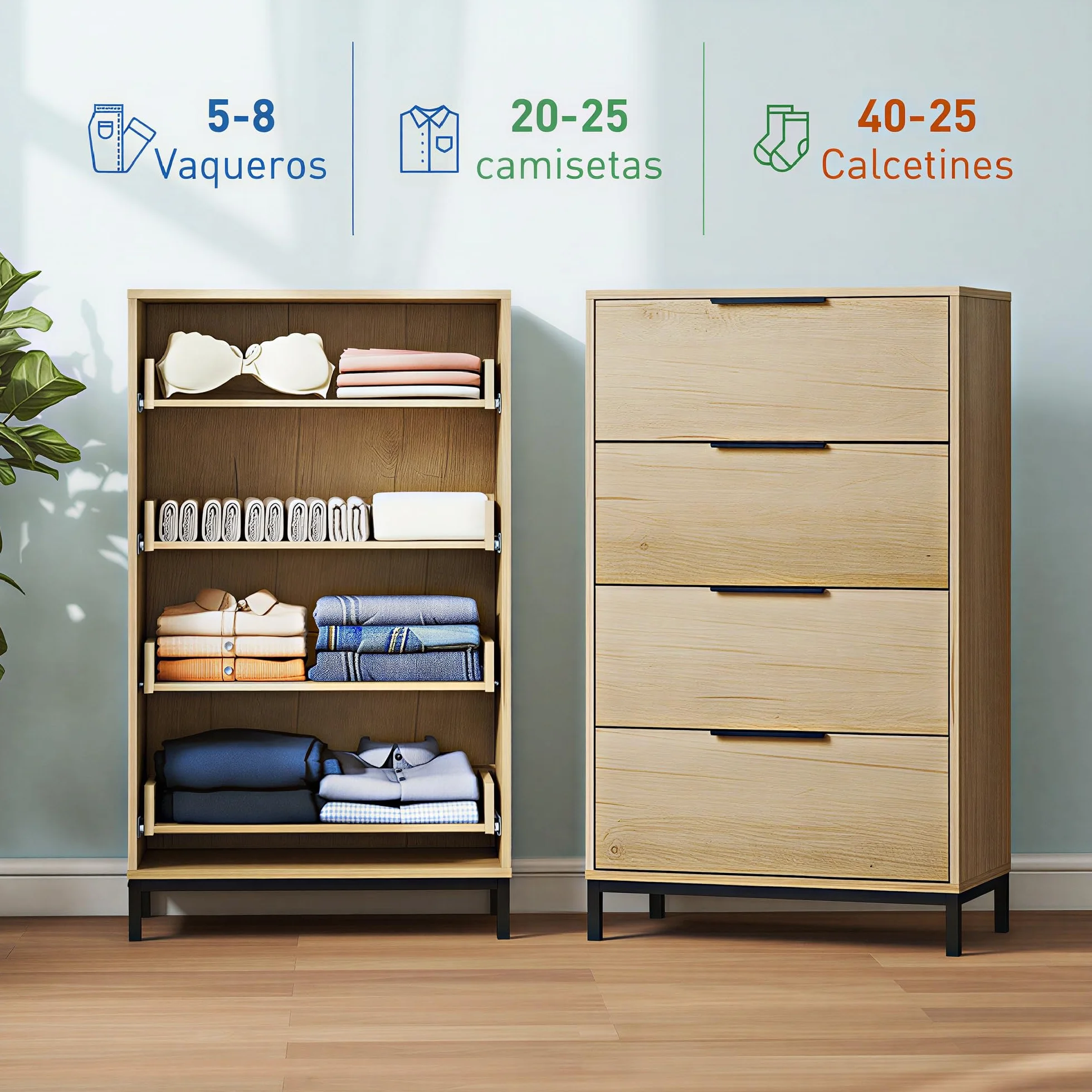 HOMCOM Cómoda de 4 Cajones Alta con Tiradores Metálicos Cómoda para Dormitorio Cajonera Estrecha para Pasillo y Salón 62x35x105 cm Natural