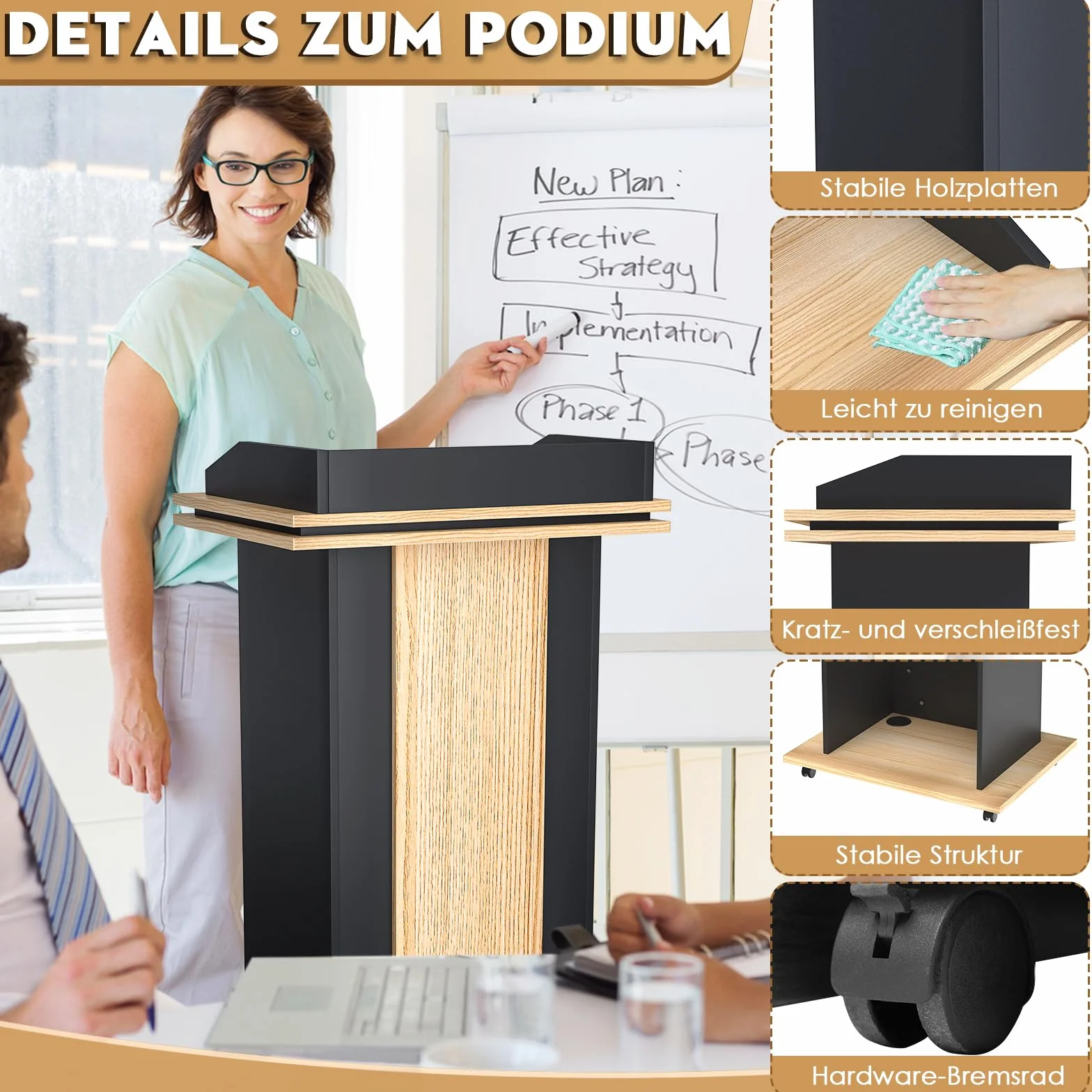 Púlpito de madera con cajón extensible y ruedas, atril de madera maciza de alta calidad con compartimento de almacenamiento de doble capa, atril para iglesia, discurso, escuela, seminario (110 x 46 x