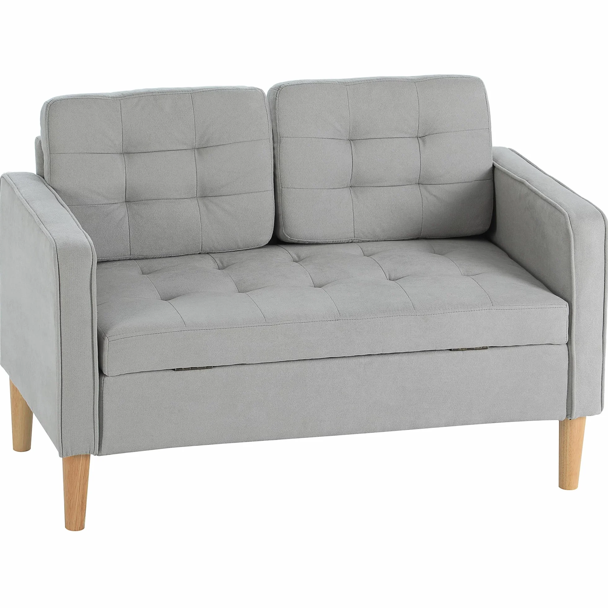 HOMCOM Sofá de 2 Plazas con Espacio de Almacenamiento, Sofá Moderno de Terciopelo con Patas de Madera, Respaldo Capitoné, para Salón, Dormitorio, Oficina, 117x62x78 cm, Gris Claro