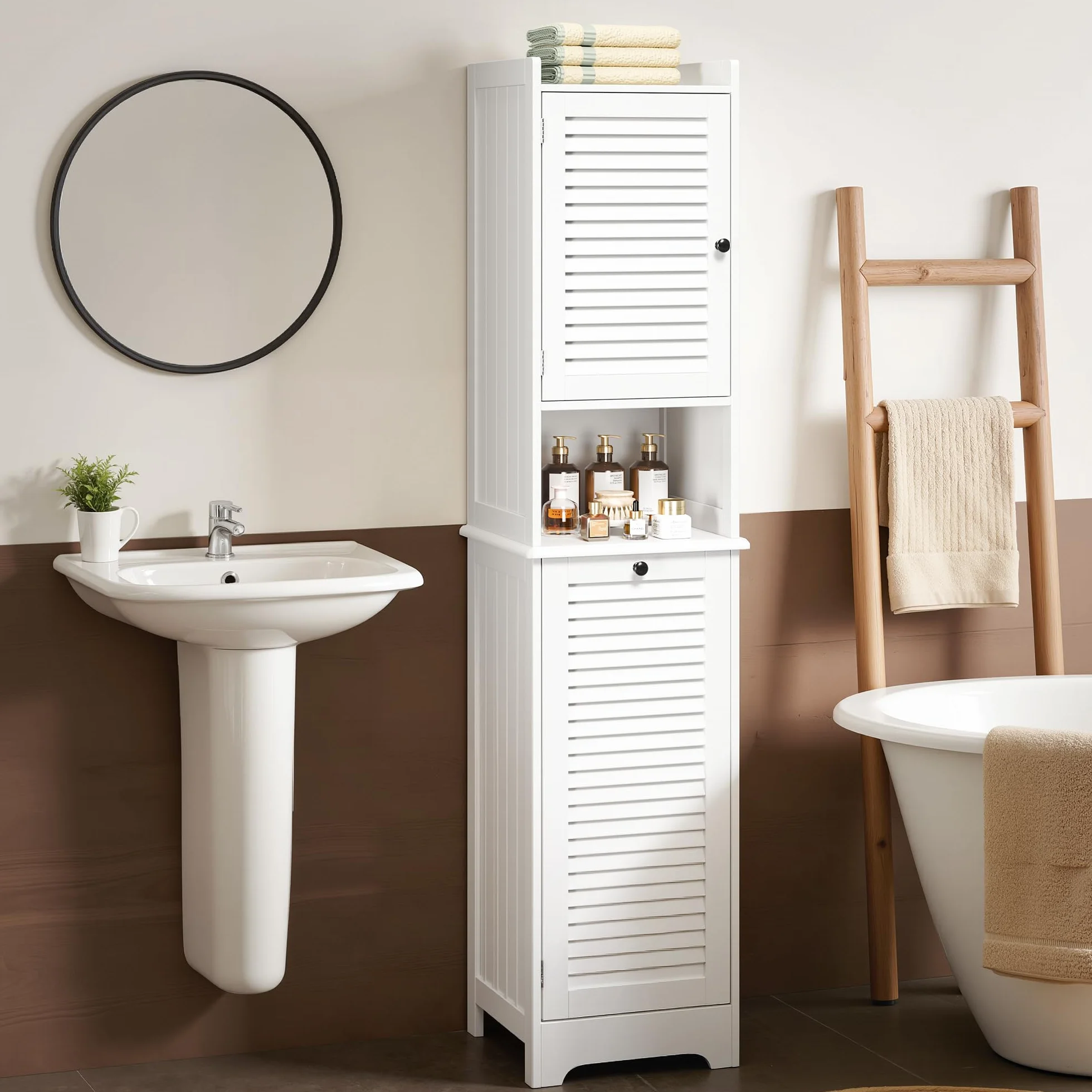 Xbro Mueble Baño con Cesto para Ropa, Armario Columna con Estantería y Puerta con Balda Ajustable, para Baño Pequeño, 40 x 170 x 37 cm, Blanco