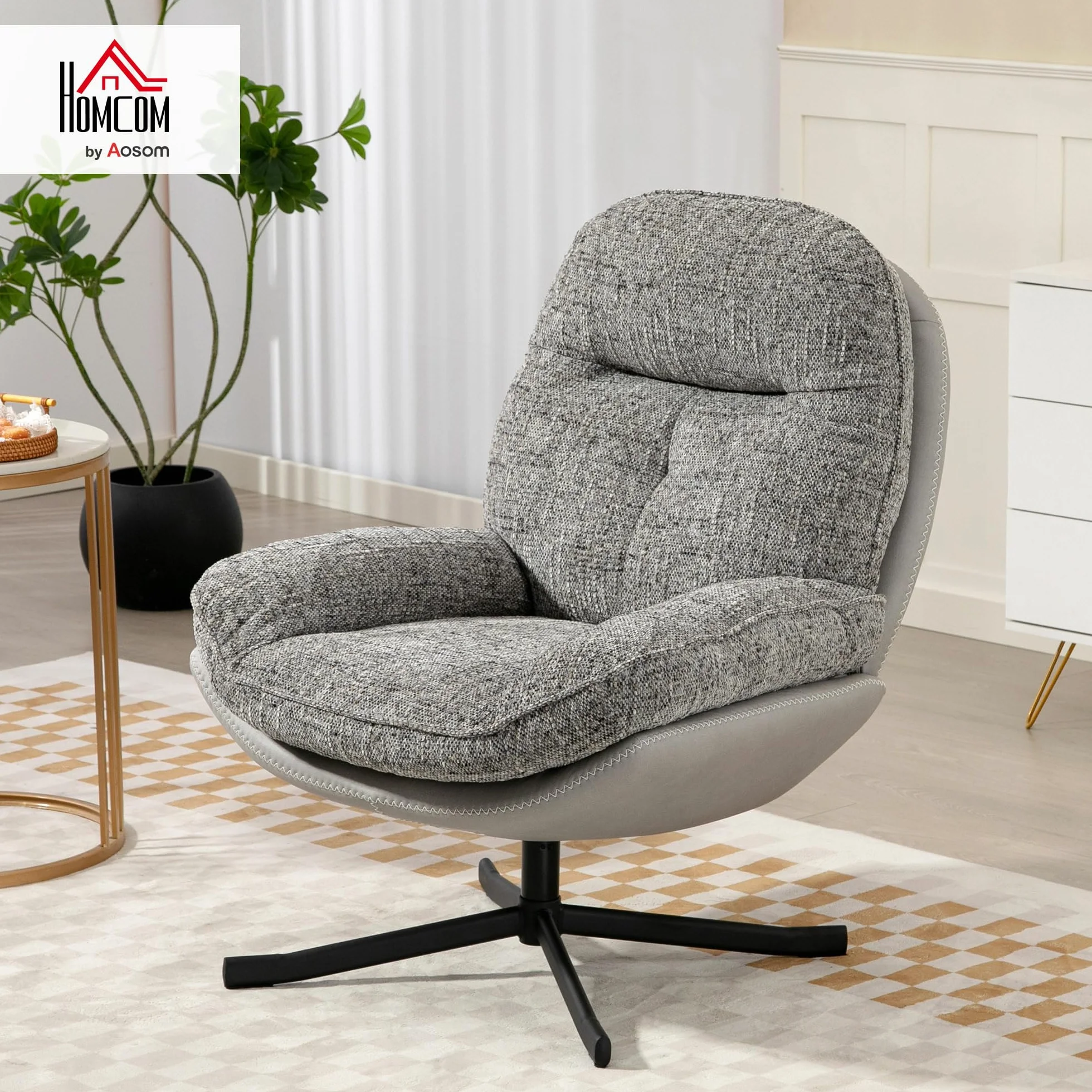 HOMCOM Sillón Giratorio Moderno, Butaca de Salón con Base Cruz, Tapizado en Chenilla y Cuero PU, Asiento Ancho Doble, Patas de Acero y Reposabrazos, Sillón Relax para Sala de Estar, Dormitorio, Gris