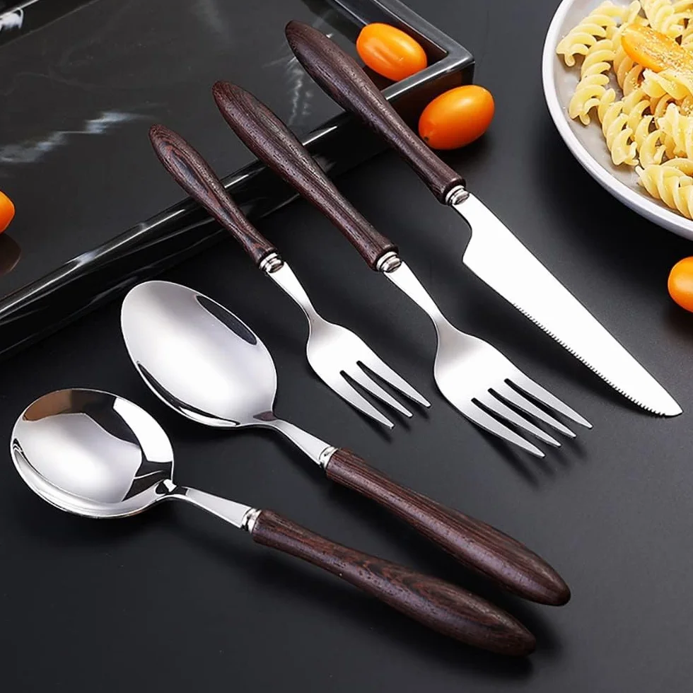 Genérico Juego De Cubiertos De 40 Piezas, Cubiertos De Madera De Acero Inoxidable, Cubiertos Aptos para Lavavajillas, Juego De Cubiertos para 8 Personas