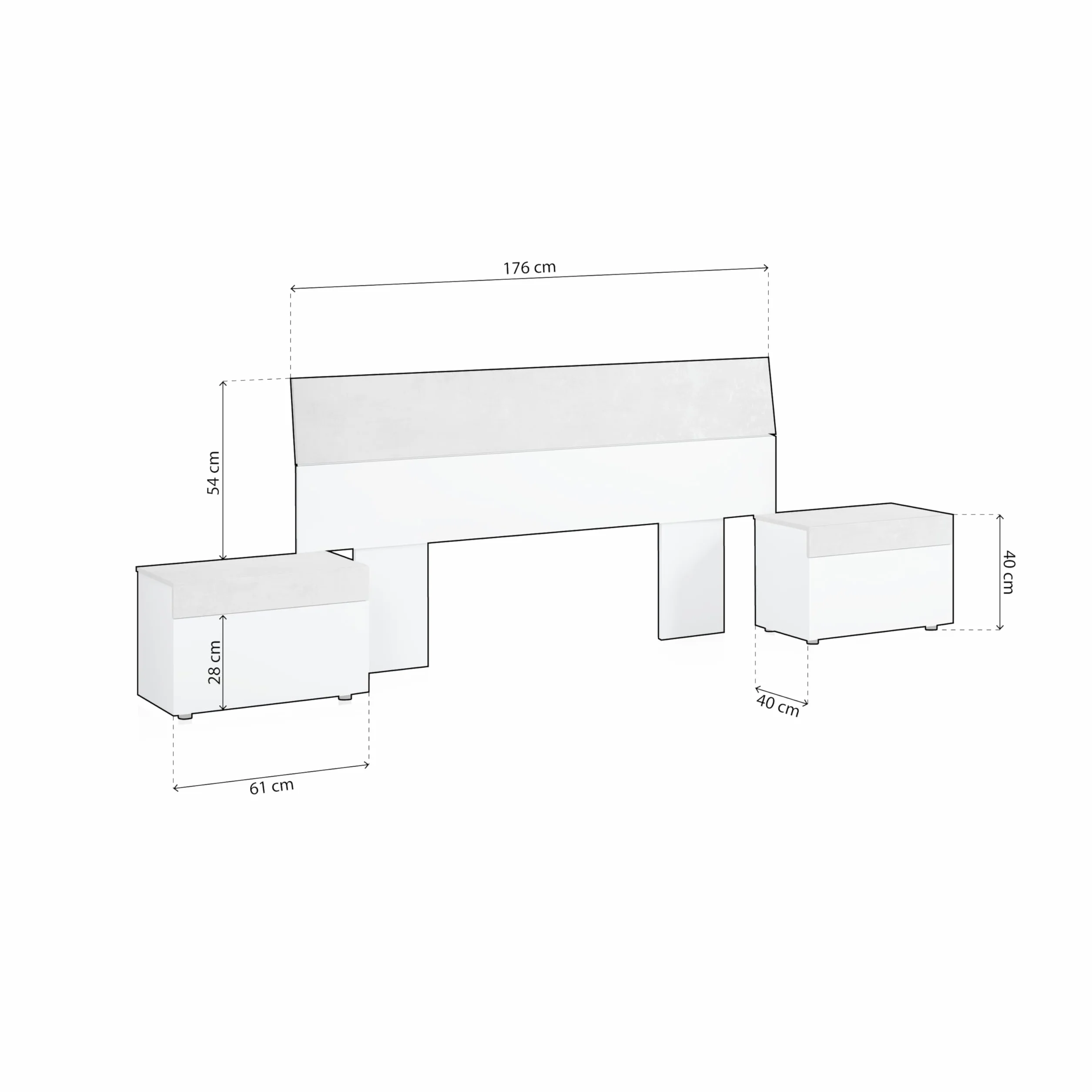 duehome | Cabecero con 2 mesitas, Dormitorio, Modelo Axel, Acabado en Blanco Artik y Gris Cemento, Medidas: 176 cm (Largo) x 96,5 cm (Alto)