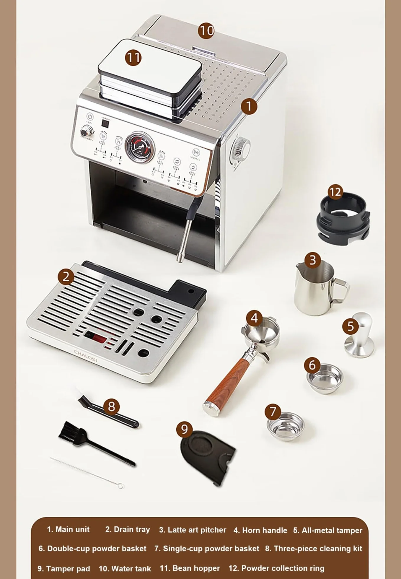 Cafeteras de espresso con molinillo, cafetera de 2200 W con vaporizador de leche, cafetera de acero inoxidable con depósito de agua extraíble de 90 oz for capuchino y latte.