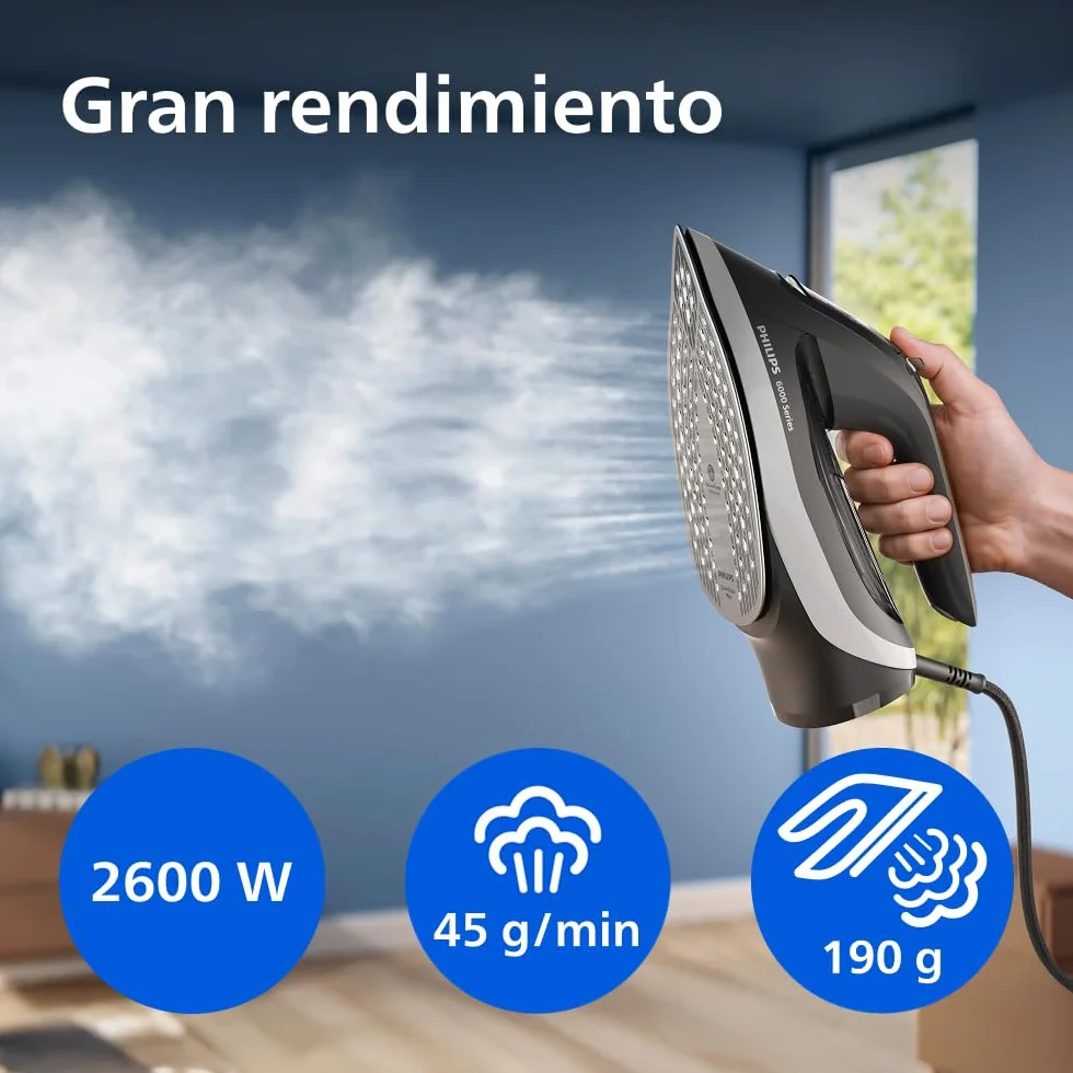 Philips Serie 6000 Plancha de Vapor con tecnología OptimalTEMP, 190g golpe, 45g continuo, suela SteamGlide Plus, antigoteo y apagado automático (DST6120/80)