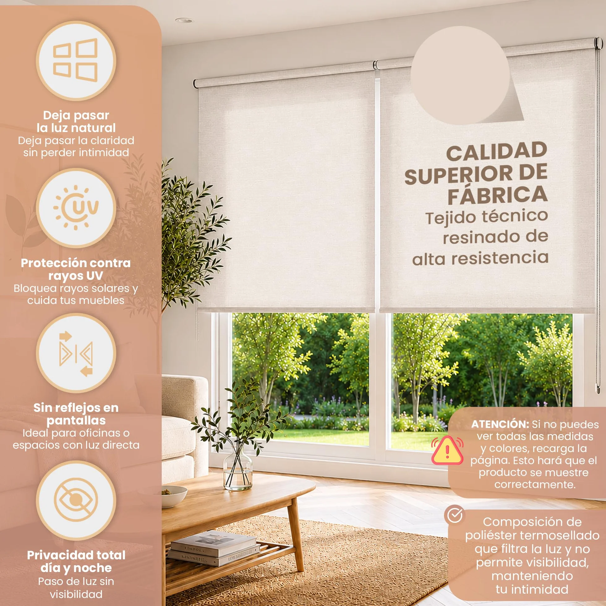 Estor Enrollable Translúcido Arena a Medida 120x180 cm – Luz Natural con Privacidad Día y Noche – Persiana para Ventanas, Puertas, Balconeras, Cocina u Oficina – Instalación en Pared, Techo o Lateral