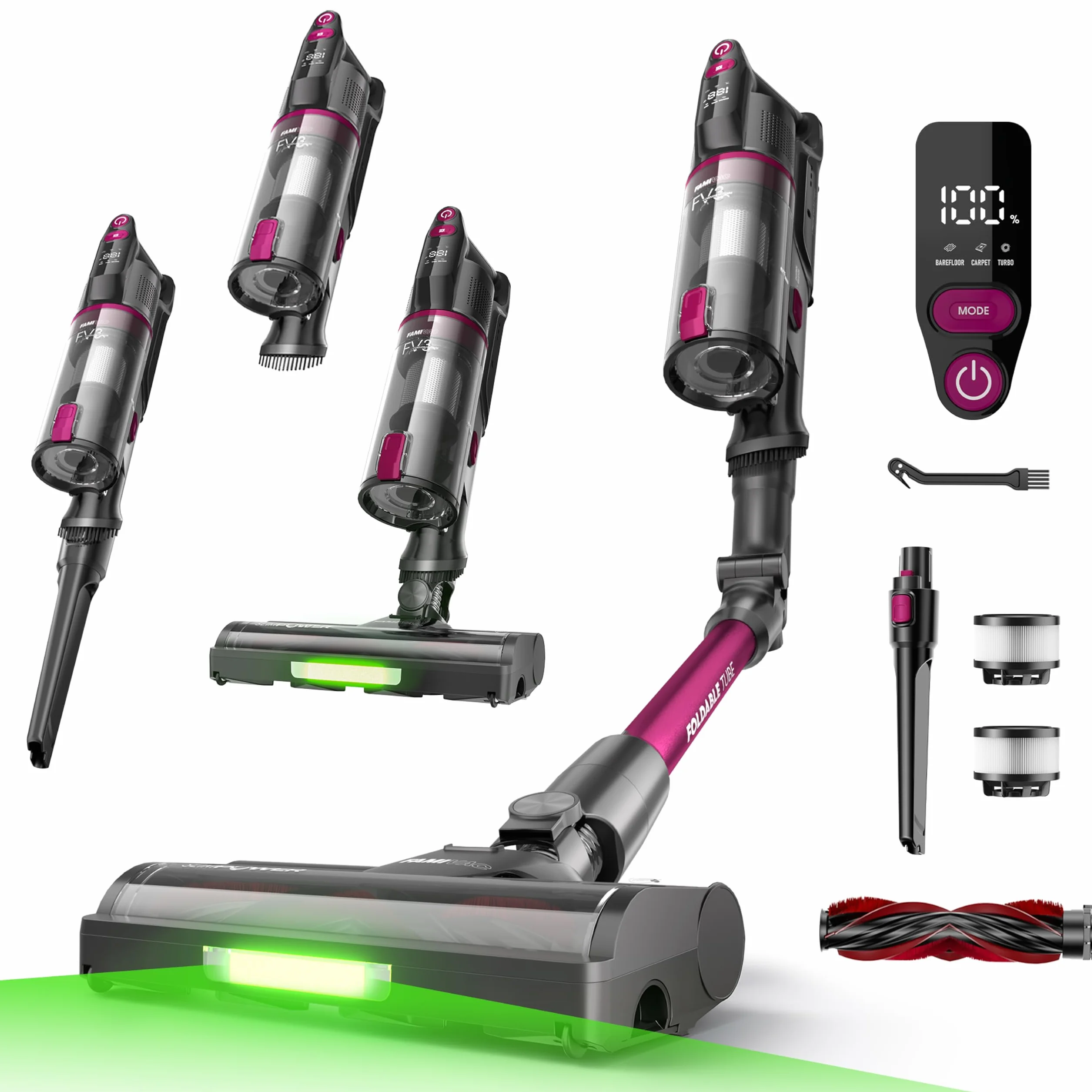 FAMIVAC FV3 Aspiradora sin Cable 60KPa/50Min/120㎡, Barra Plegable, Autoportante con Cepillo Antienredo y Luz Verde, Ligero de 1.5KG, Aspiradora de Mano para Suelos/Alfombras/Pelos/Coche