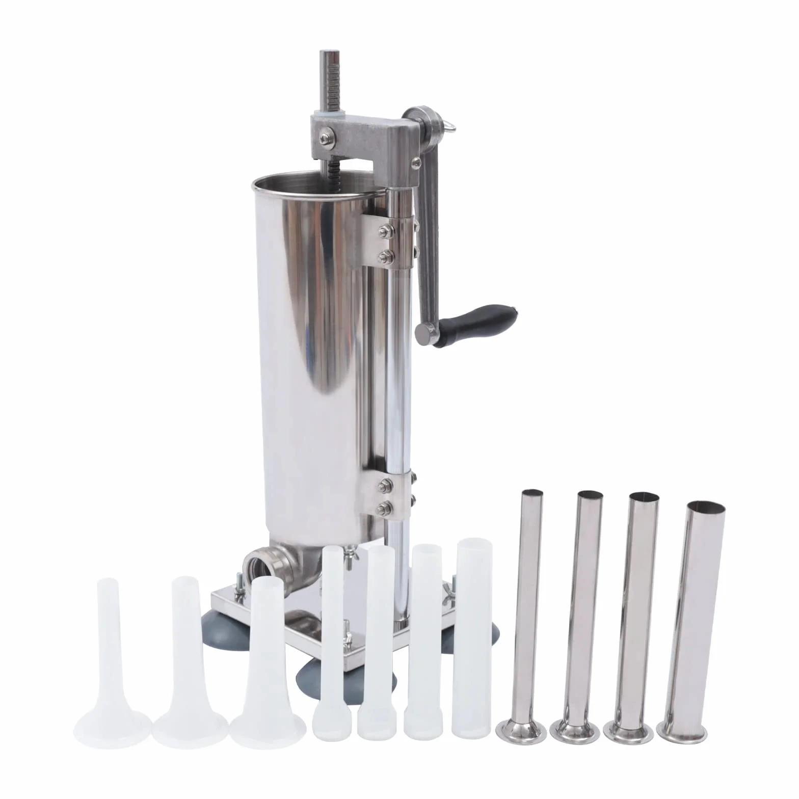 Máquina de llenado manual de salchichas, acero inoxidable + aluminio, 3 L, tubo de plástico de 4 tamaños/tubo de acero inoxidable, prensa vertical para salchichas, manivela