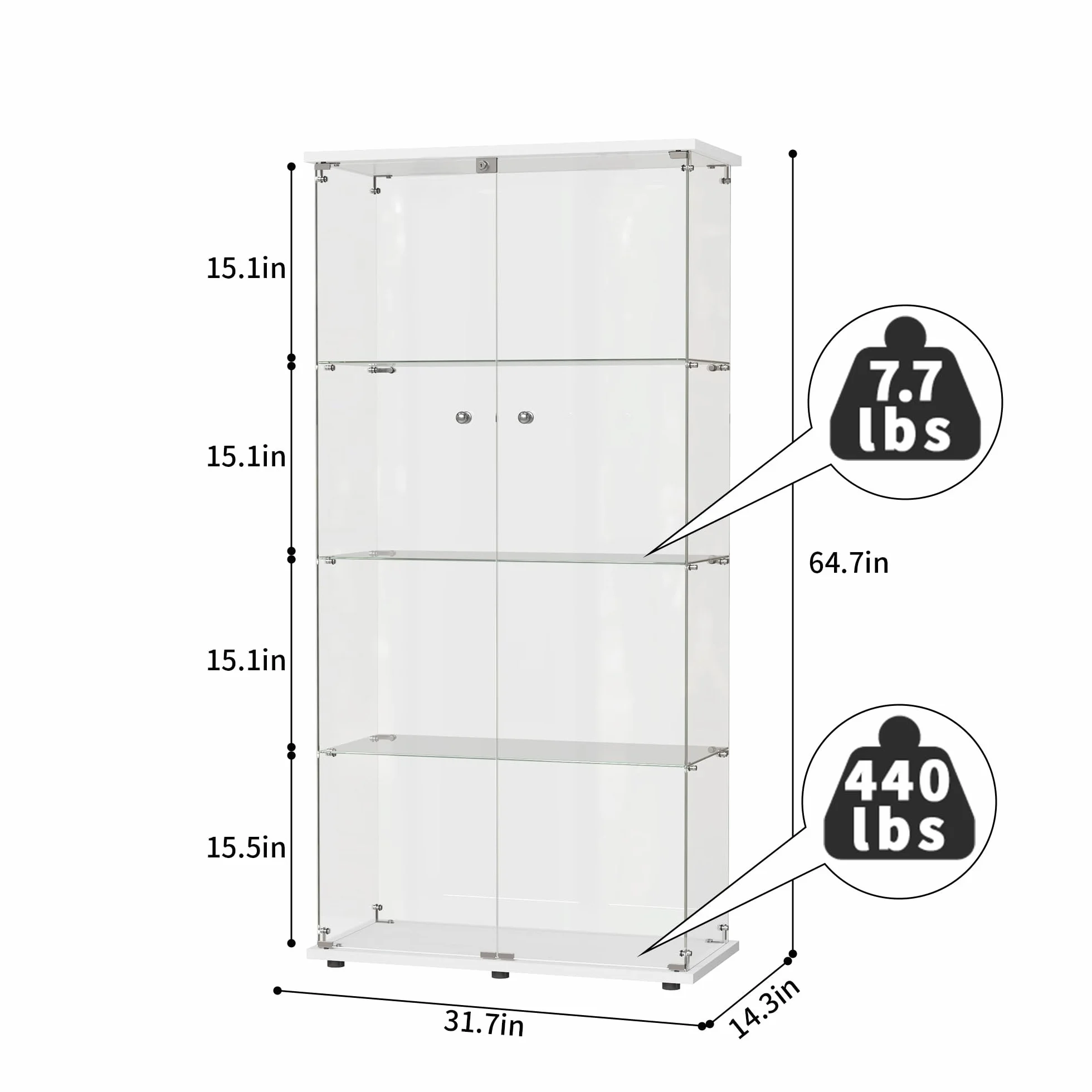 DADEA Vitrina Cristal 4 Estantes y 2 Puerta, Vitrina con Cerradura, 36,5 x 80,5 x 164cm, Columna Expositora Vidrio MuebleVitrina Expositora Armario Vidrio VitrinaExpositora AltaVitrina Suelo, Blanco