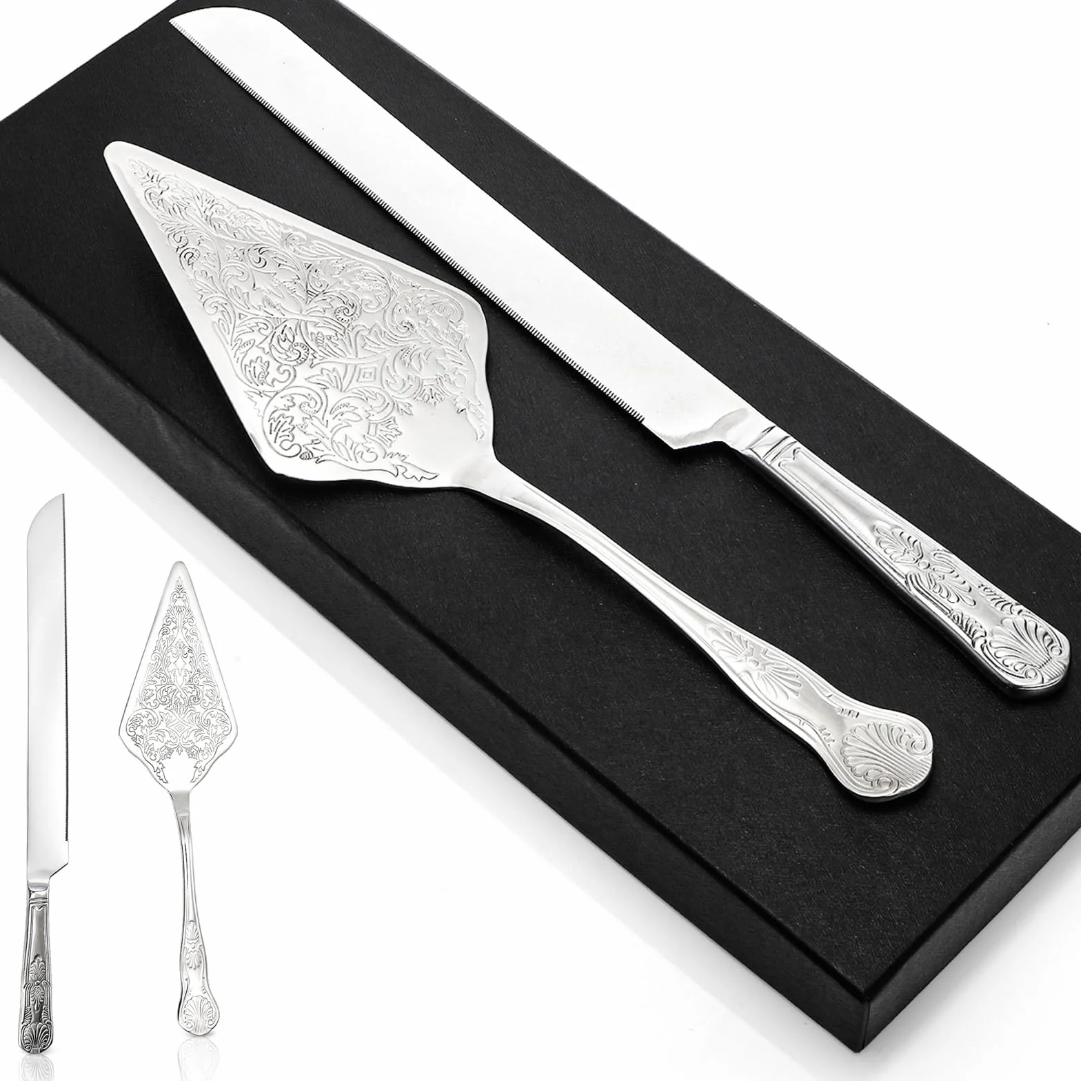 Juego de cuchillo y servidor para tartas de boda, juego de corte de pastel de boda plateado, cortador de pastel grabado de acero inoxidable para boda, compromiso, cumpleaños, aniversario,