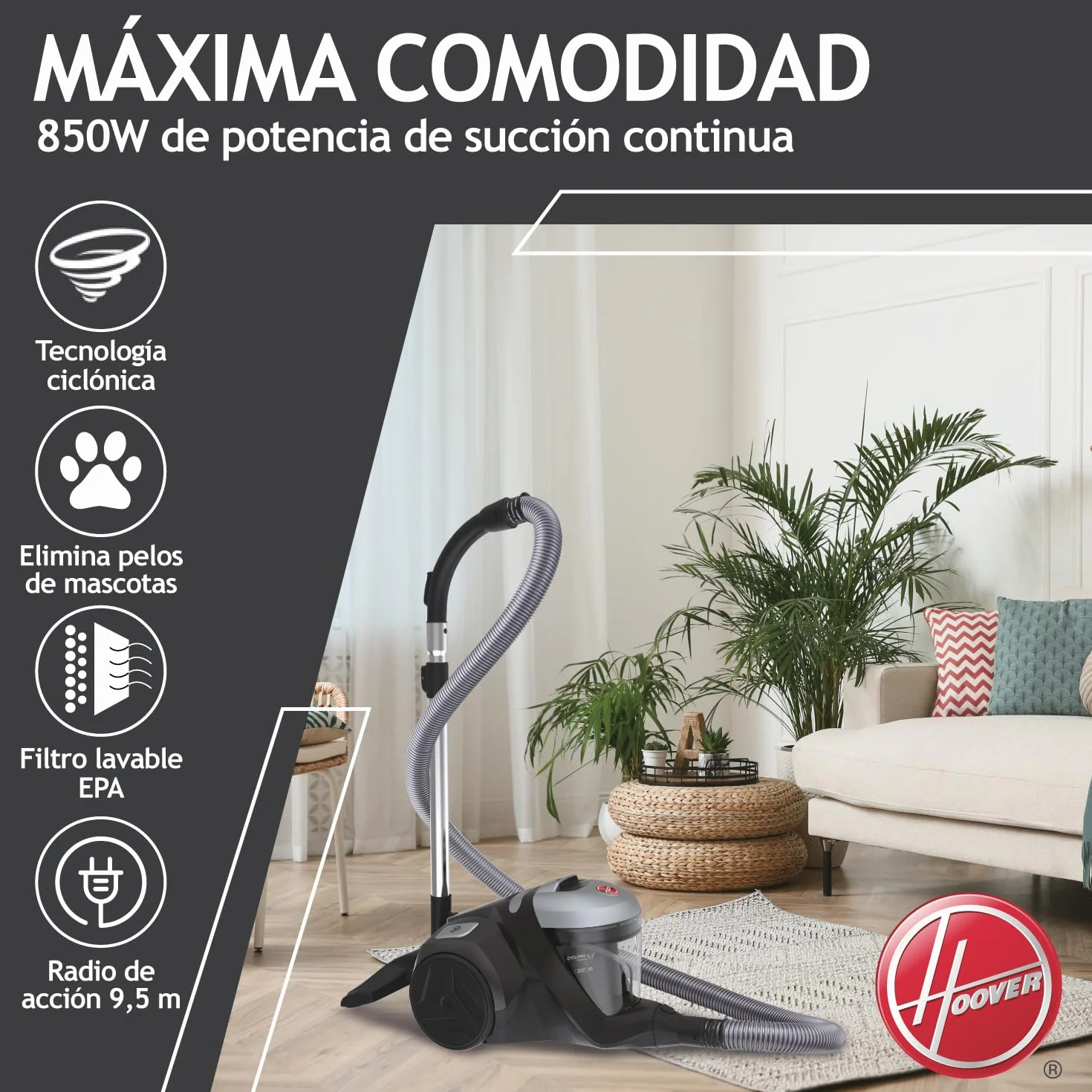 Hoover 39002259 H-Power 300 HP320PET, Aspiradora sin Bolsa Trineo, Tobera Turbo Pelo Mascotas y Tapicería, Compacta, Ciclónico, Selfdust Clean, 850W, Filtro Epa, 75dba, Cable 7 m, Negro, Depósito 2 l