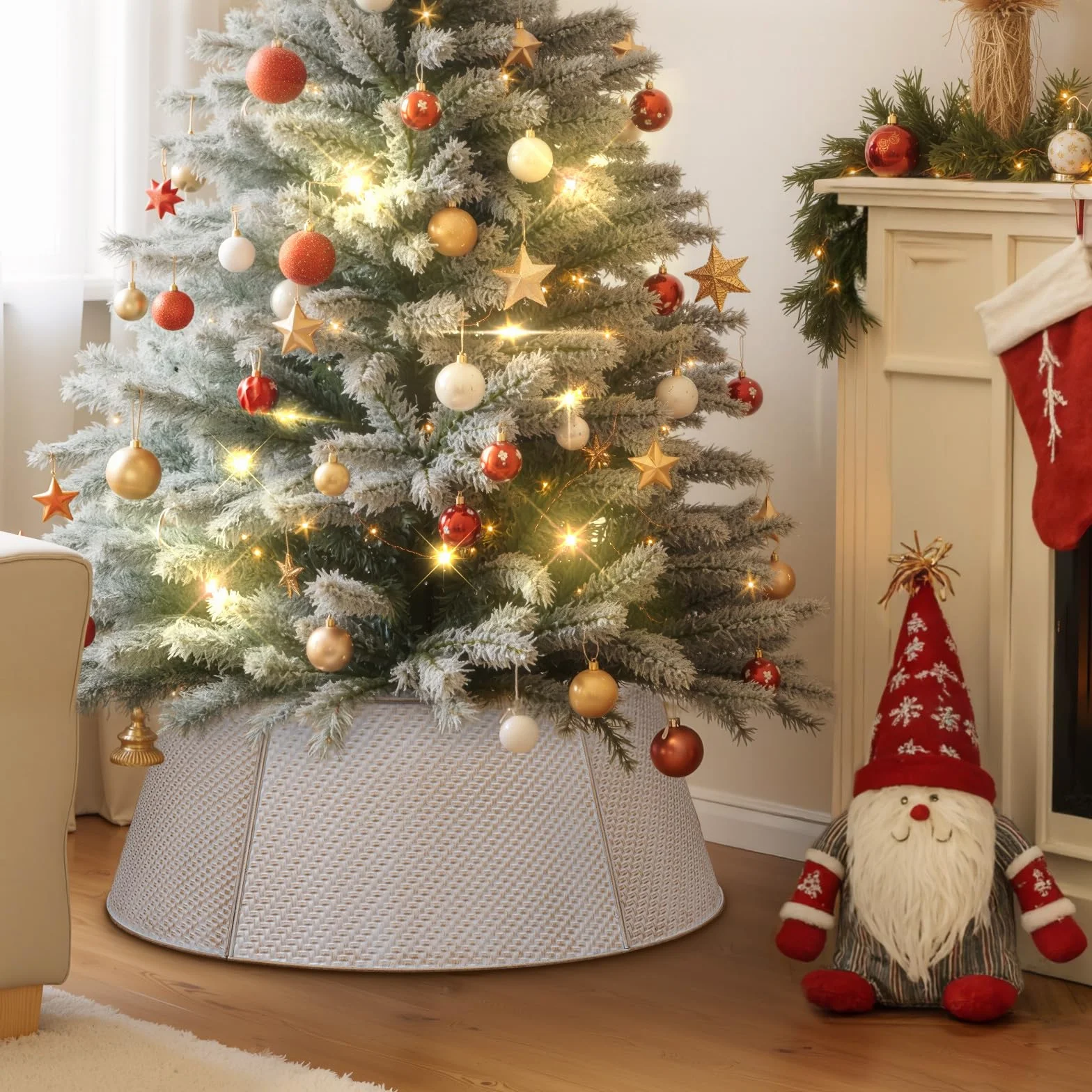 Lanpn Metal Collar Árbol de Navidad 50cm, Albero Natale Decorativo Christmas Tree Collar para Pequeño Mini S Árboles Artificiales Interior Exterior - Decoración Navideña (Blanco, Sarga)