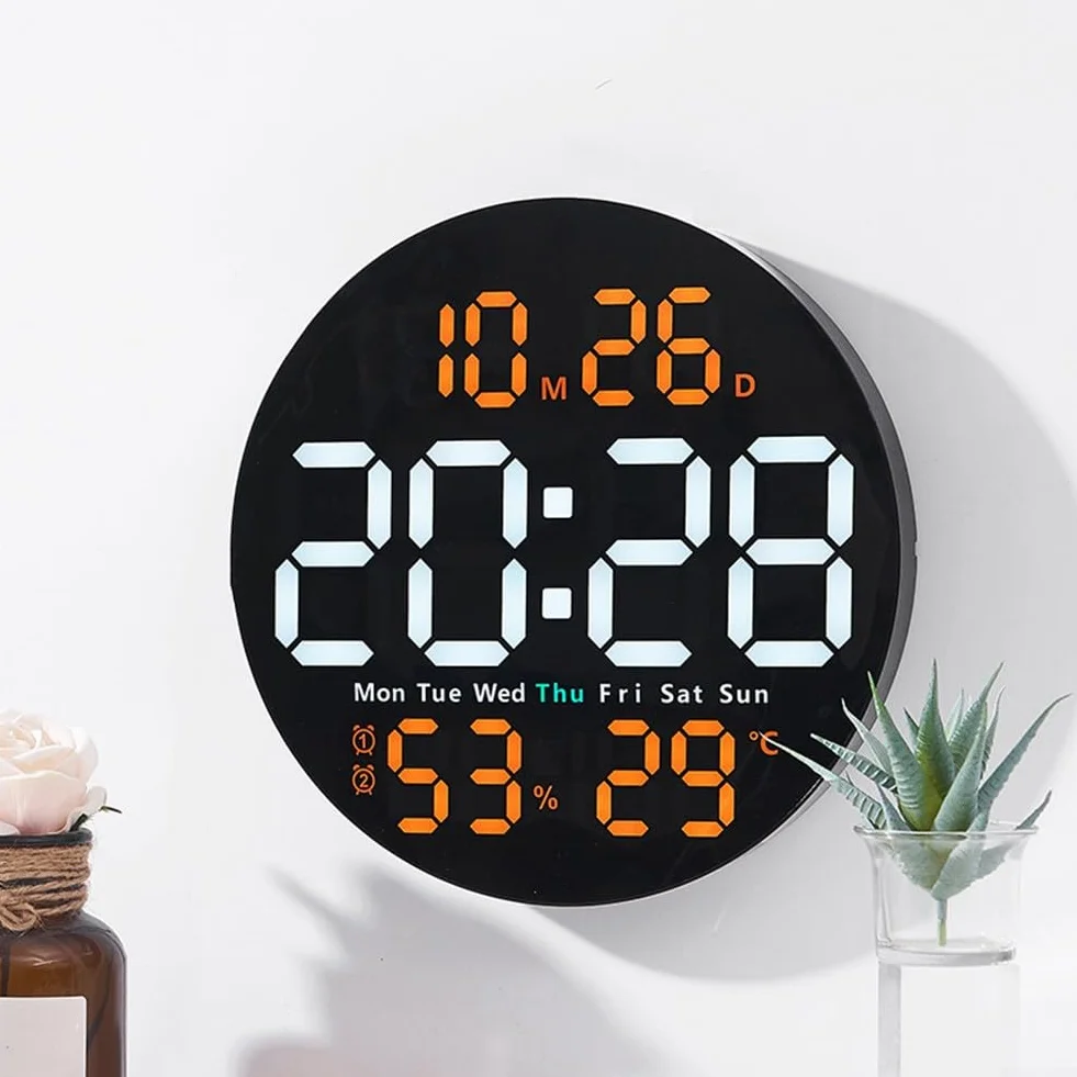 DAZZLEEX Reloj de pared digital LED de 10 pulgadas con alarma de temperatura e higrómetro, reloj electrónico multifuncional para el hogar con temperatura y humedad reloj silencioso (naranja)