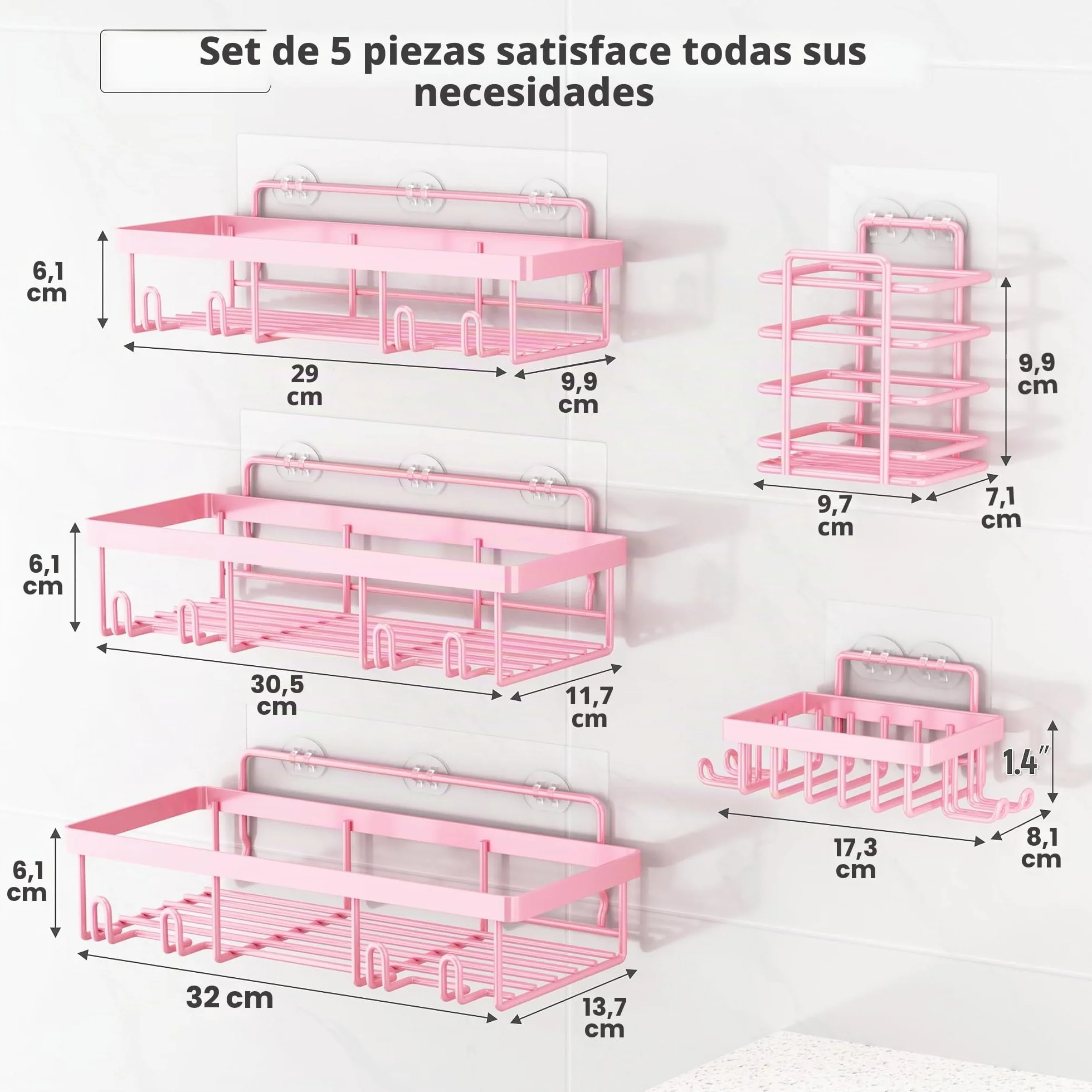 Liuoud Paquete de 5 estantes organizadores de ducha para regadera interior, cesta de almacenamiento adhesiva de pared de baño de acero inoxidable, soporte de champú de acero inoxidable, juego de