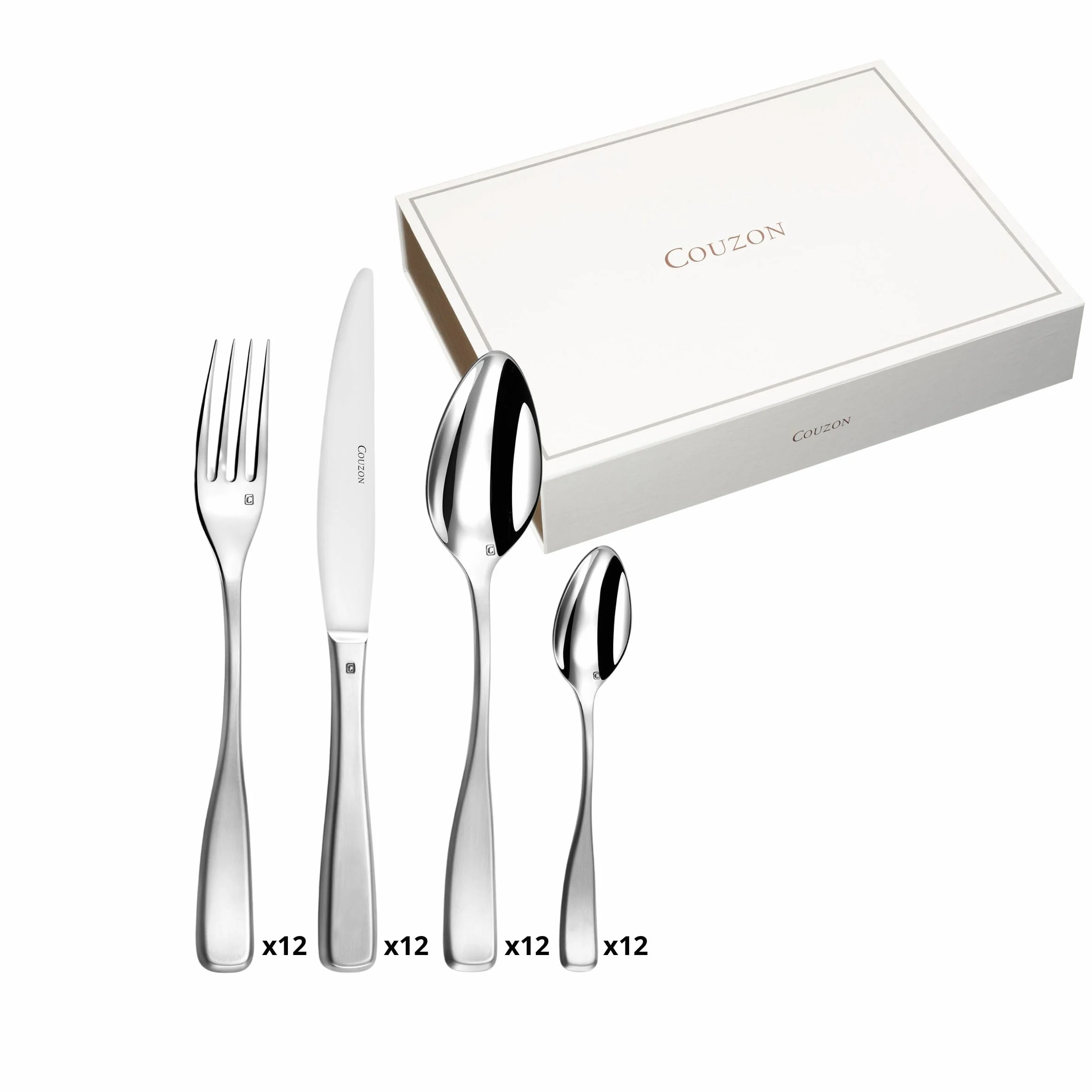 Couzon - Cubertería de 48 cubiertos de mesa para 12 personas en tronco de madera, acero inoxidable 18/10, acabado satinado, grosor 3,5 mm – acero inoxidable