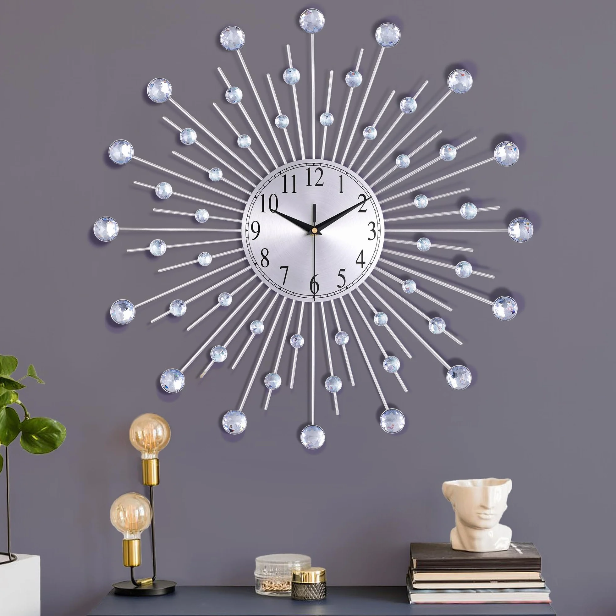 Lafocuse 56cm Reloj de Pared Estrellas de Strass Grande Salon Moderno Plateado, Silencioso Metal Decorativo Reloj Cuarzo 3D Sunburst Mid Century Creativo para Cocina Dormitorio Comedor Oficina