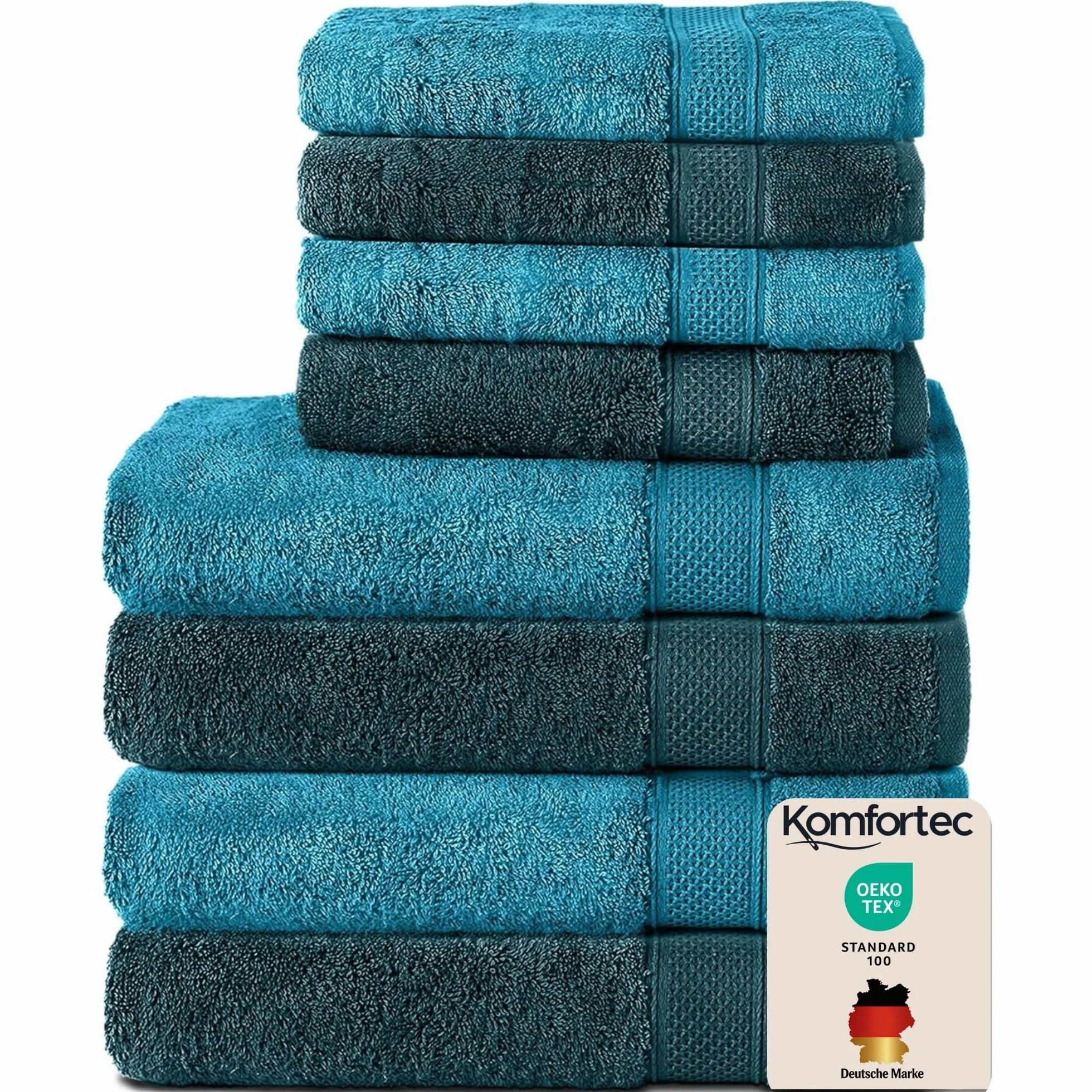Komfortec Juego de Toallas 8 Piezas | 4 Toallas de Baño 70x140 cm y 4 Toallas 50x100 cm, 100% Algodón, Suaves y Absorbentes, OEKO-TEX, Azul Petróleo / Turquesa