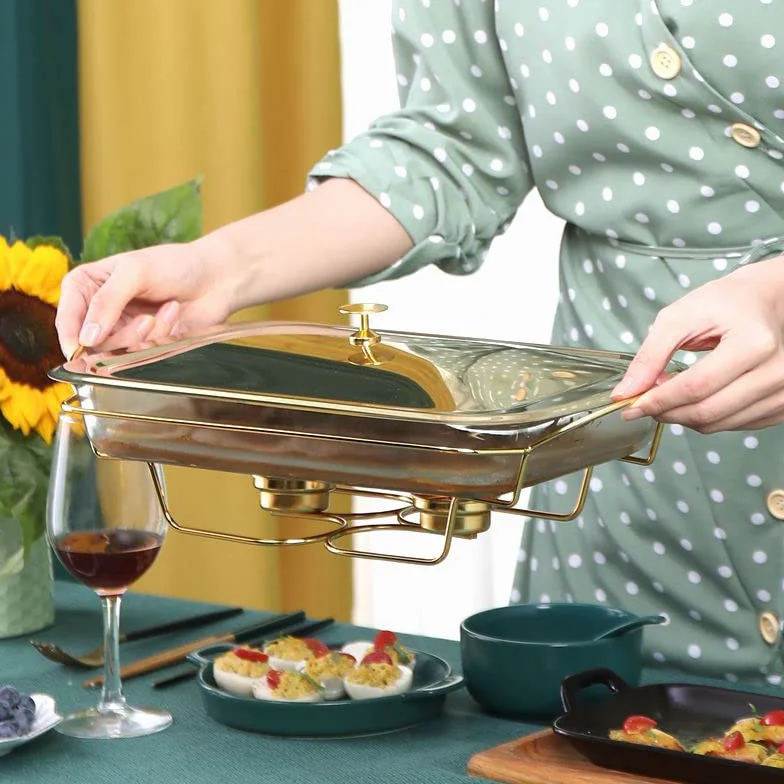 Juego de vajilla de cerámica para Buffet con Plato de Vidrio para Comida, Plato de Agua, Soporte para Combustible para Buffet/Boda/Fiesta/Banquete/Evento de Catering, Dorado (Dorado) (Dorado)