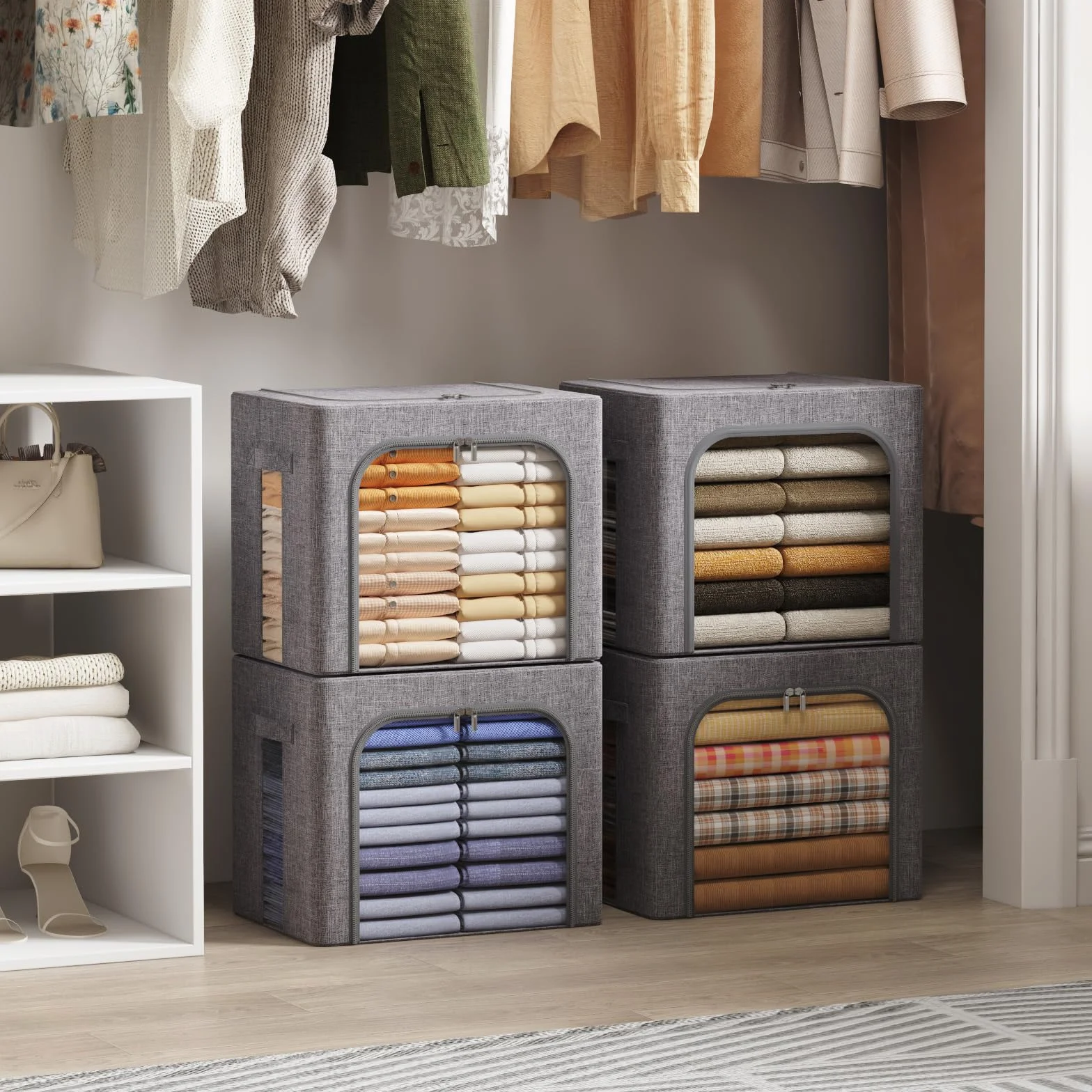 Lifewit Cajas Almacenaje Ropa con Marco de Metal Apilable 40L Gris Claro