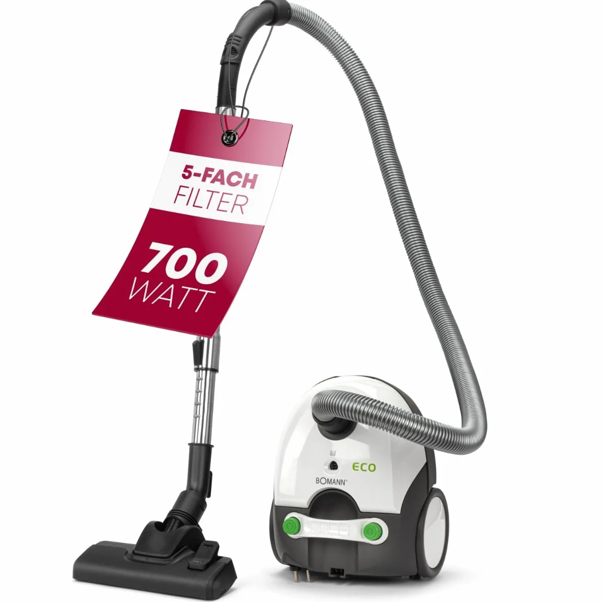 Bomann BS9019CB - Aspirador con Bolsa - 700 W - Tubo telescópico de Acero Inoxidable - Microfiltro - Blanco/Gris