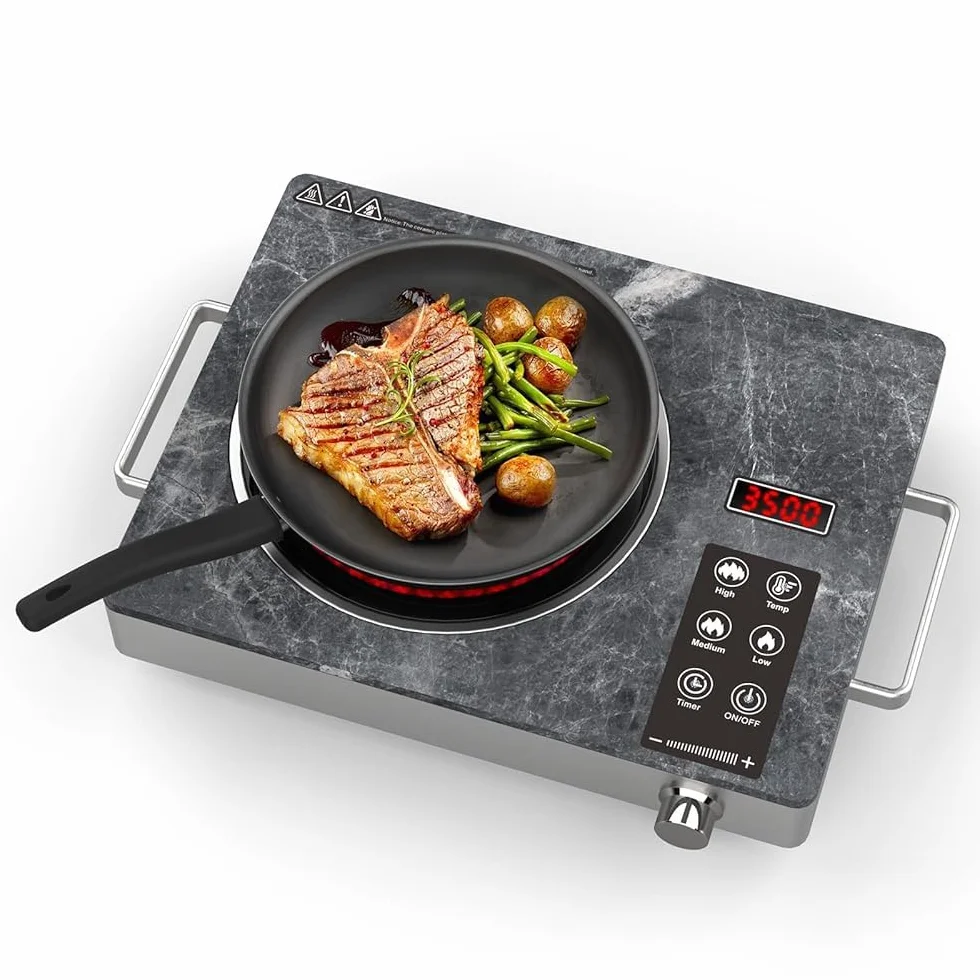 Placa Vitrocerámica Infrarroja 3500W | Cocina Eléctrica con Vidrio Microcristalino | Compatible con Todo Tipo de Sartenes | Funciones de Seguridad Integradas | Diseño Premium en Mármol