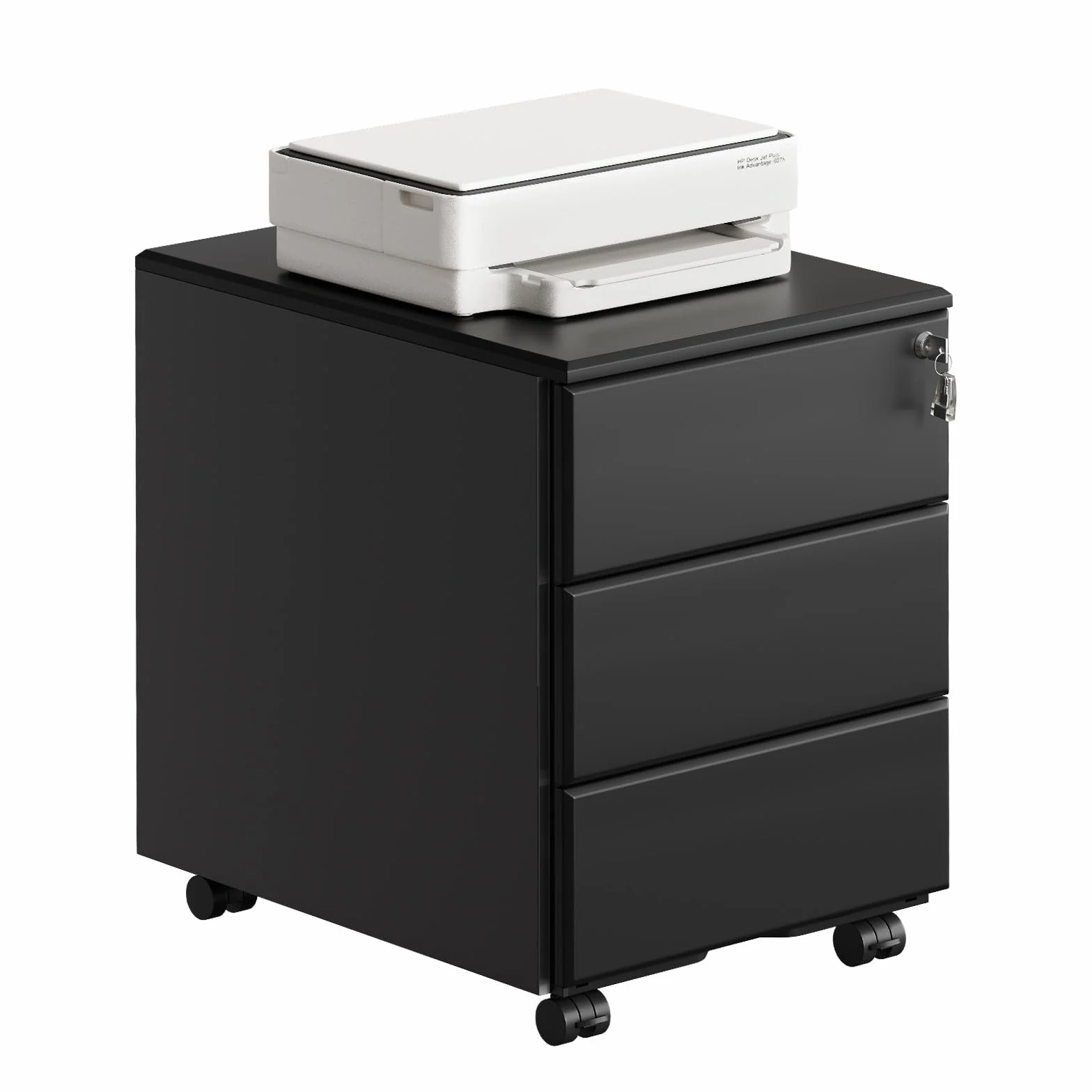 WOLTU Cajonera de Oficina Armario Archivador Móvil con Cerradura, Cajonera con Ruedas para Archivos A4 Carpetas Colgantes, Mueble Archivador Metálico para Oficina, Negro SK024sz