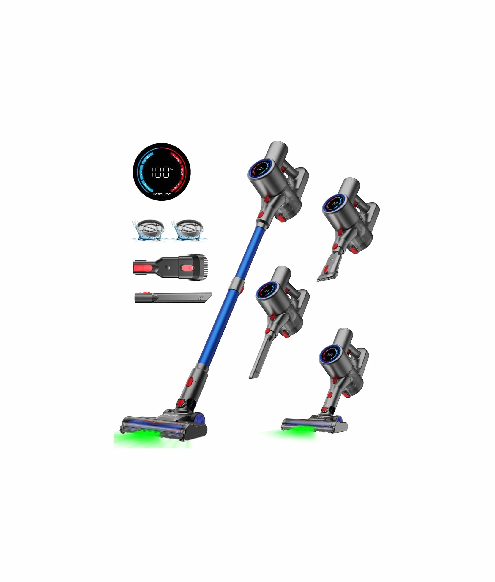Aspiradora sin Cable 40KPA/500W/45MIN,Escoba Aspiradora Inalámbrica con Pantalla LED,Luz Verde,Diseño Autoportante,Tubo Telescópico y Filtro HEPA,para Pelo de Mascotas,Suelo y Alfombra (Azul)