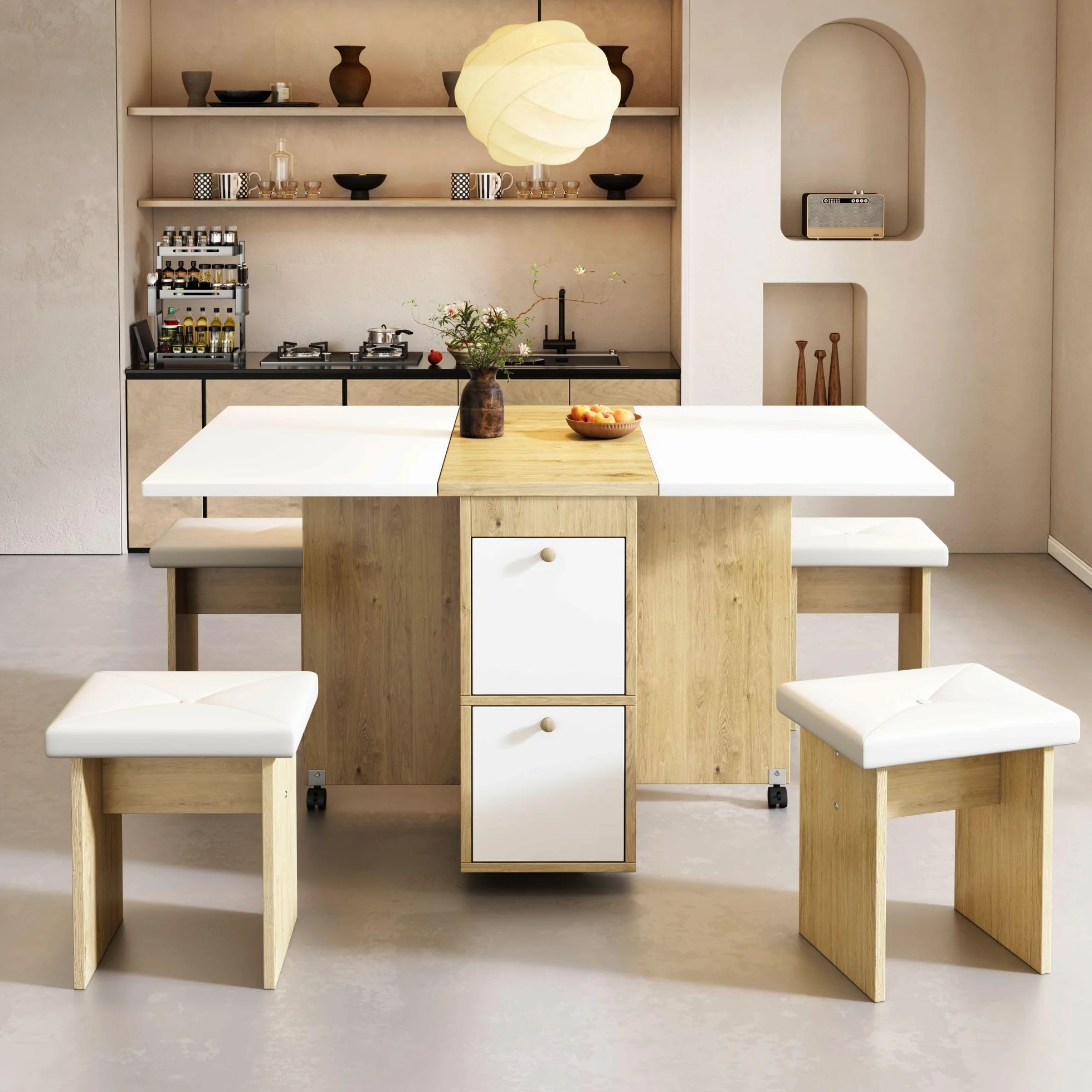 Juego de Comedor Mesa y 4 Sillas, Mesa de Comedor Plegable con Sillas, 120x80x75 cm Juego de Mesa de Comedor Rectangular Extensible con 4 Sillas Cocina, con Función de Almacenamiento (Blanco)