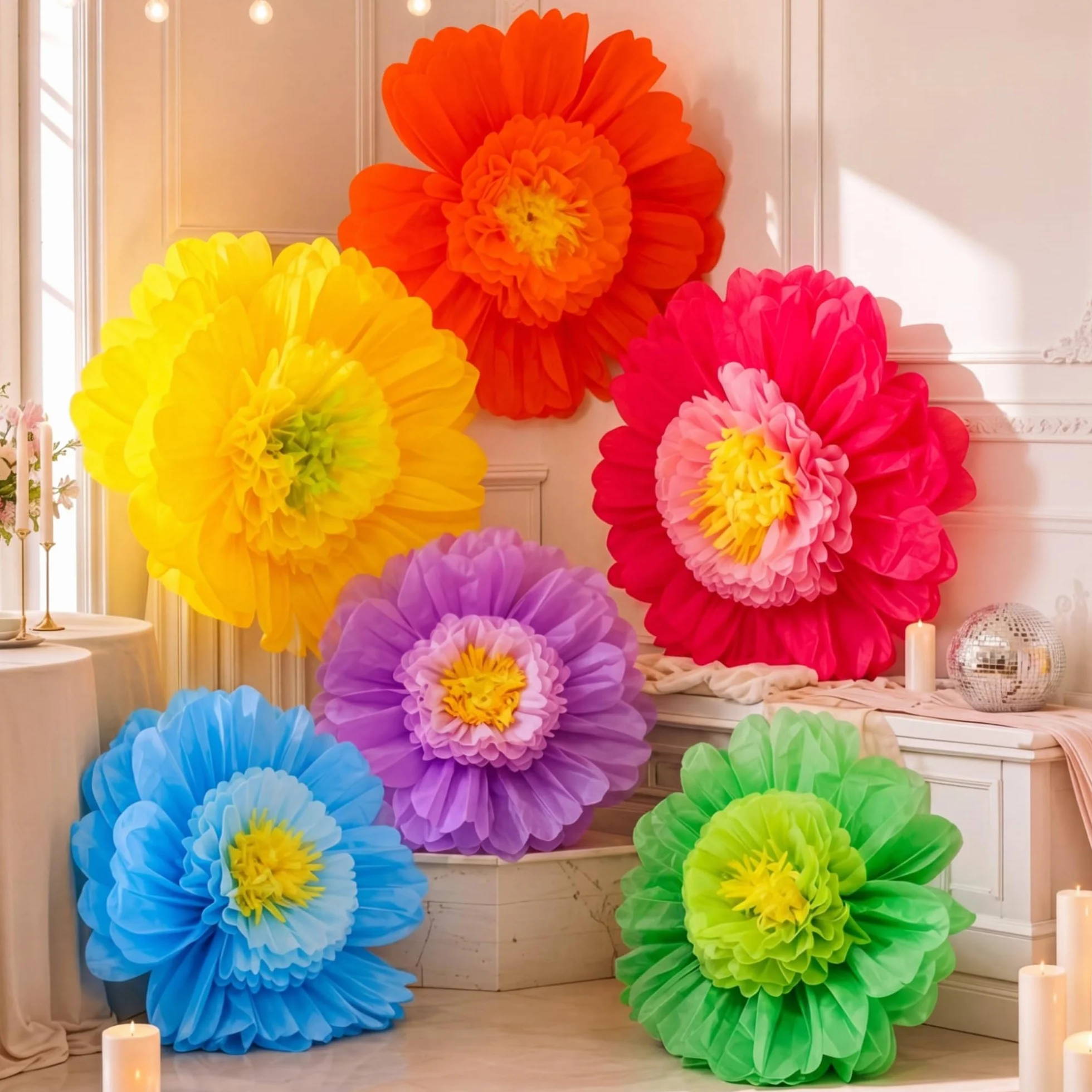 Giegxin 6 piezas de 80 cm, 61 cm Flores de papel gigantes coloridas mexicanas de papel de seda grande para pared, grandes decoraciones florales de papel crepé para pared, boda mexicana, despedida de