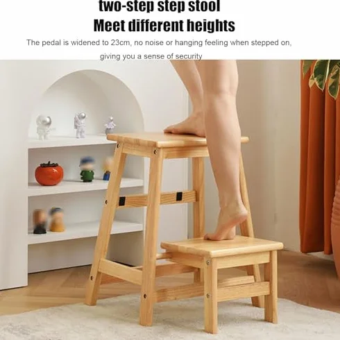 Taburete de madera de 2 niveles, diseño plegable que ahorra espacio para un alcance seguro en el hogar, cocina, biblioteca