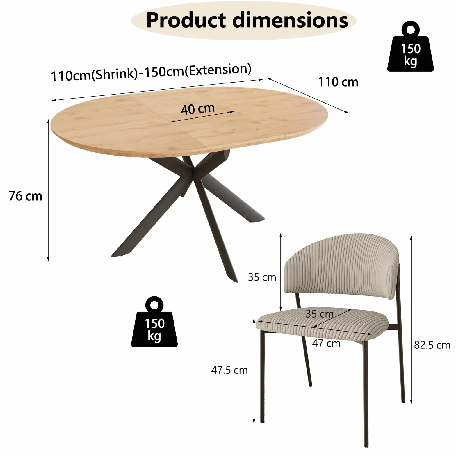 JIEXI Juego de 4 mesas de Comedor Redondas Extensibles, 110-150 cm, Acabado de Roble MDF, 4 sillas de Pana, Estilo Moderno y contemporáneo para Comedor y Cocina