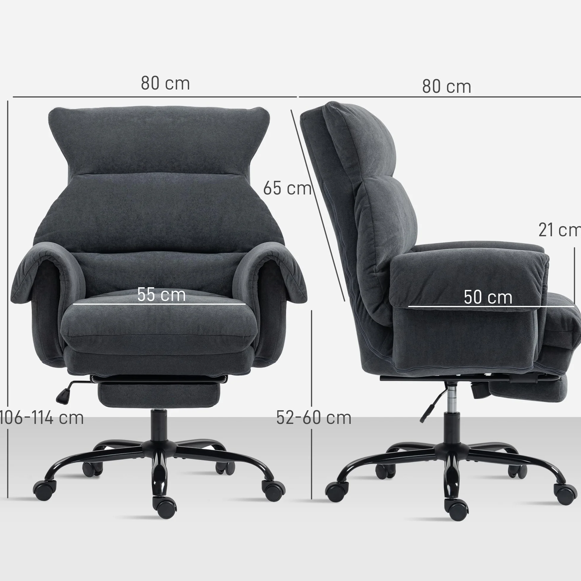 HOMCOM Silla de Escritorio con Reposapiés, Silla de Oficina Giratoria, con Respaldo Reclinable y Alto, Asiento y Reposabrazos Anchos, Acolchado Grueso, Tapizada en Terciopelo, Altura Ajustable, Gris