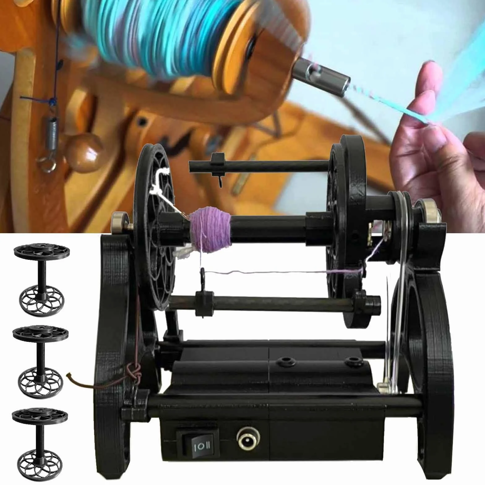 Mini Rueda De Hilar Eléctrica Para El Hogar, Rueda De Hilar De Lana, Cambio De Marcha Adelante/Atrás, Velocidad Máxima De 800RPM, Capacidad De 4oz, Para Torcer Fibras De Lana, 3 Carretes,Black
