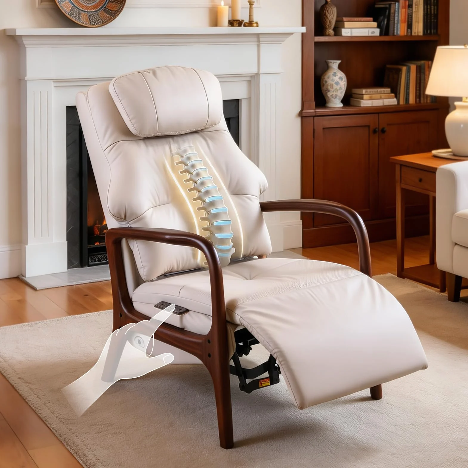 EMIAH Sillón Relax con Reposabrazos de Madera, Sillón con Soporte Lumbar y Función de Estiramiento, Sillón Reclinable Eléctrico con Reclinación y Reposapiés, Sillón TV con Cabezal, Cuero Genuino