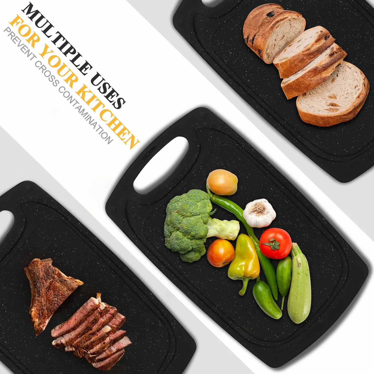 Set de 3 Tablas de Cortar de Plástico Sin BPA con Asas y Ranura para Jugo Antideslizante Negro