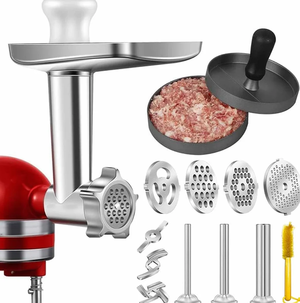 Accesorio picador de carne para batidora de pie Kitchenaid, con 3 cuernos para embutir salchichas, 3 cuchillas para picar, 4 discos para picar y prensa para hamburguesas (acero inoxidable)