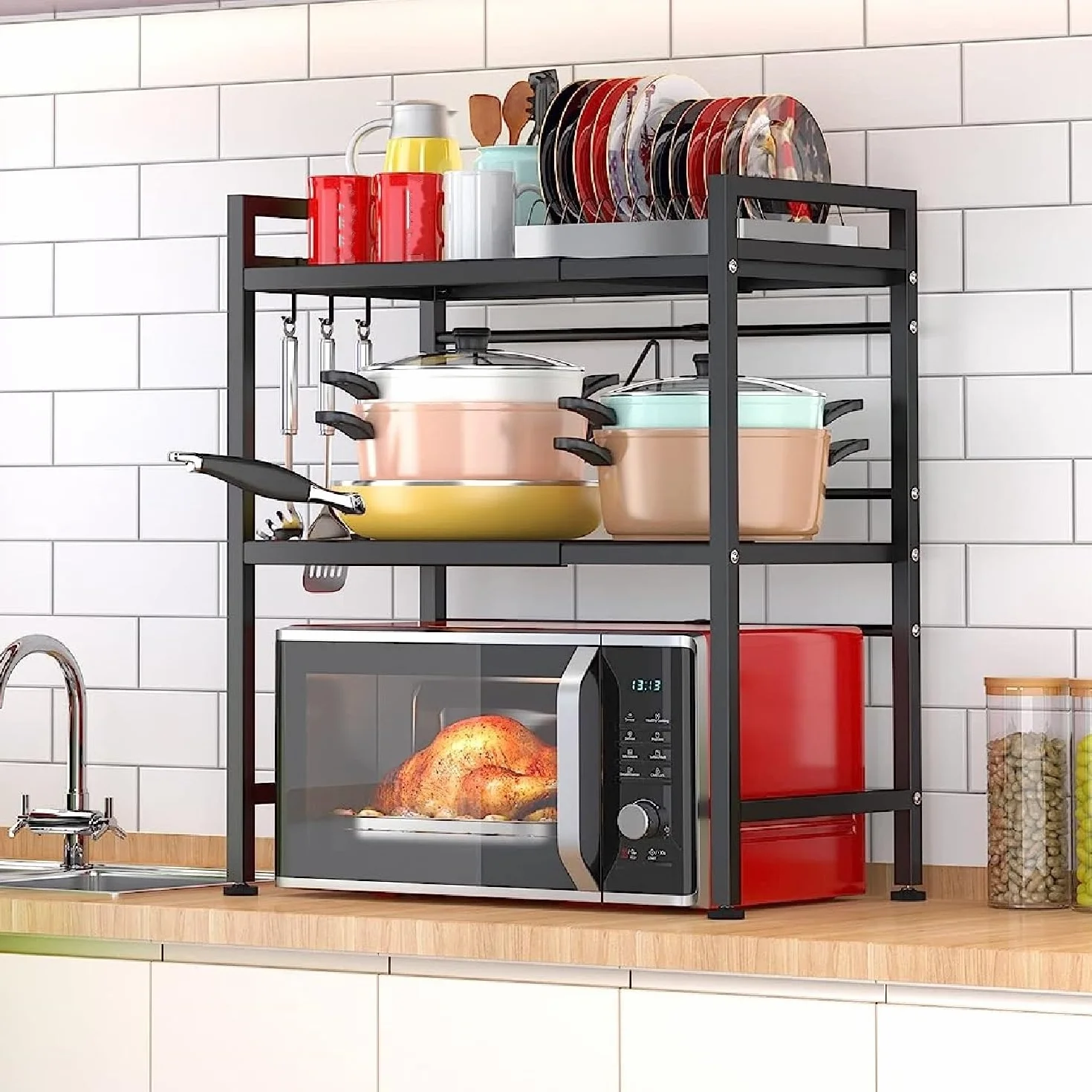 Soporte Extensible para Horno de Microondas, Estante para Horno de Microondas Ajustable, Rejilla para encimera de Cocina Organizador Estanteria Mueble con 6 Ganchos (3 Niveles, Negro)