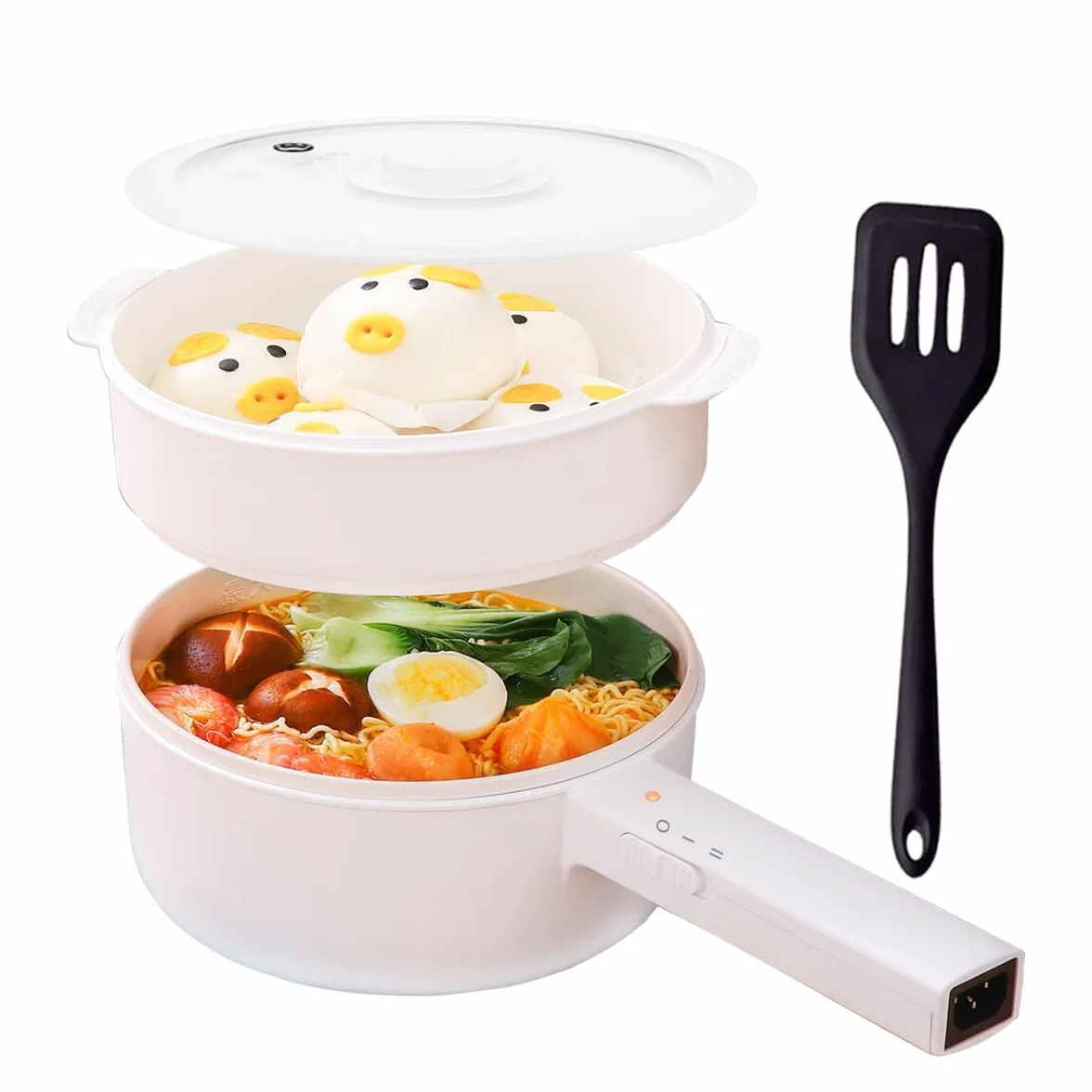 Olla Eléctrica 1.5L con Vaporera, Sartén de Cerámica Antiadherente, Olla de Viaje Portátil para Ramen/Bistec/Fondue/Sopa, Olla Multiusos para Dormitorio/Camping/Casa, Doble Control de Potencia, Blanco