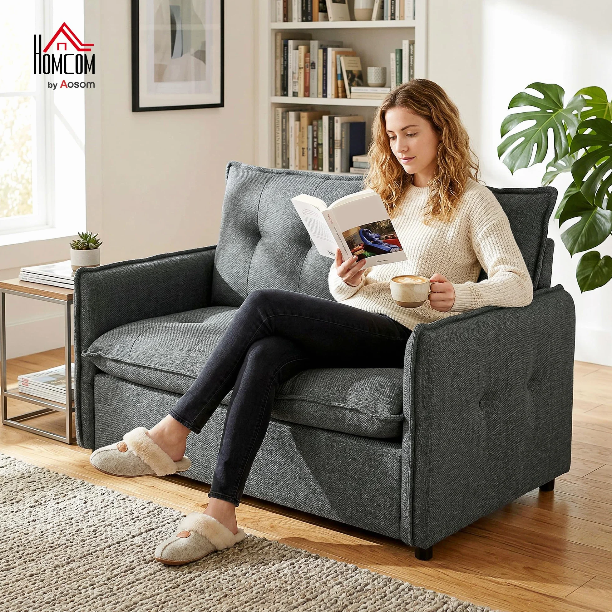 HOMCOM Sofá de 2 Plazas, Tapizado en Lino, Sofá Moderno con Acolchado Grueso, Diseño Capitoné, para Espacios Pequeños, Salón, Dormitorio, Oficina, Sala de Estar, 131x75x85 cm, Gris Oscuro