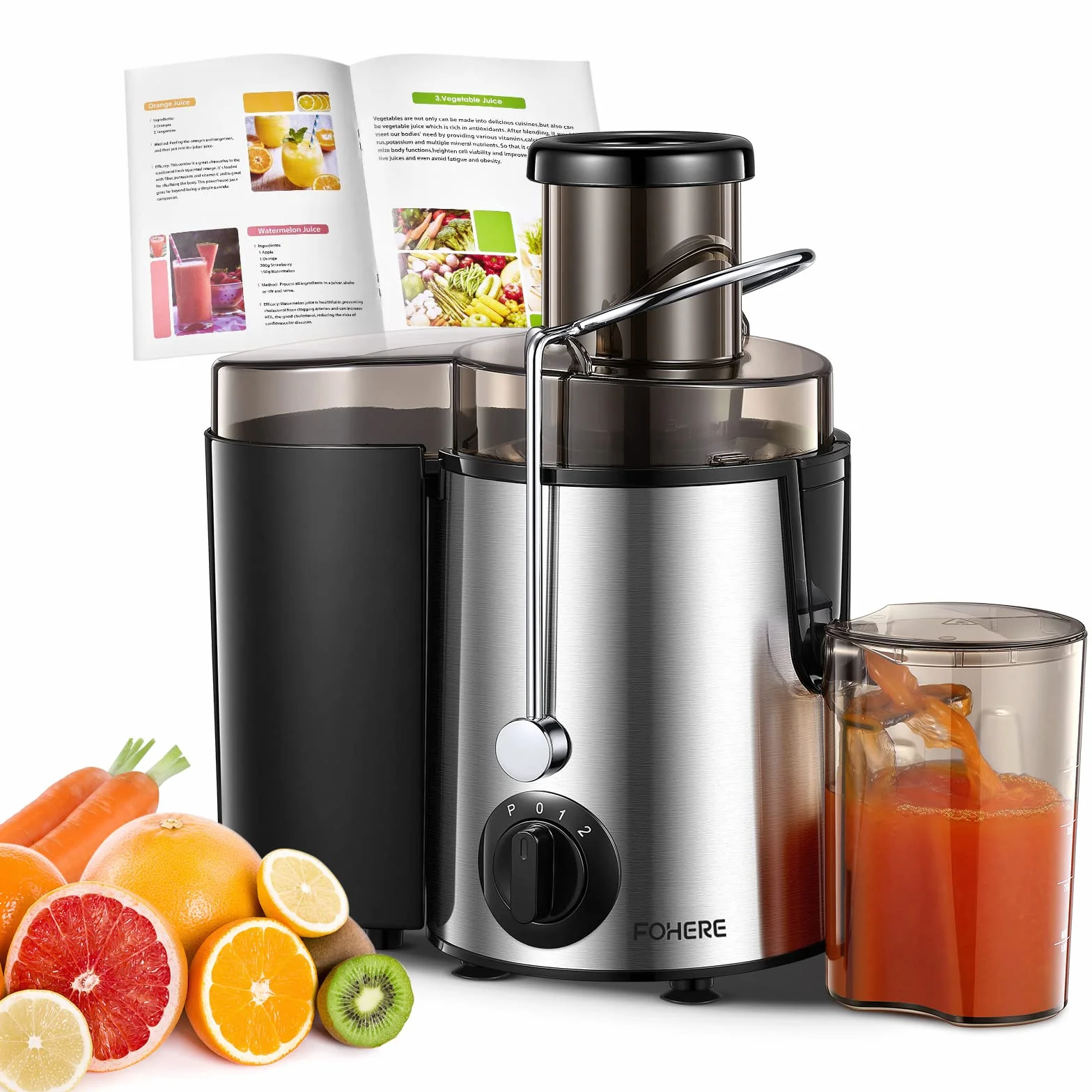 FOHERE Licuadora Extractor de Zumos 400 W 3 Velocidades Cepillo Incluido