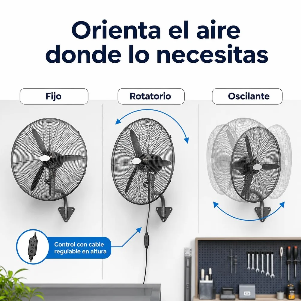 Ventilador Industrial Pared Negro Metal | Oscilante, Orientable y Ajustable | 3 Velocidades, 3 Aspas, Silencioso | Almacenes, Gimnasios, Talleres, Fábricas | Ø71cm | 240W | Protección calentamiento