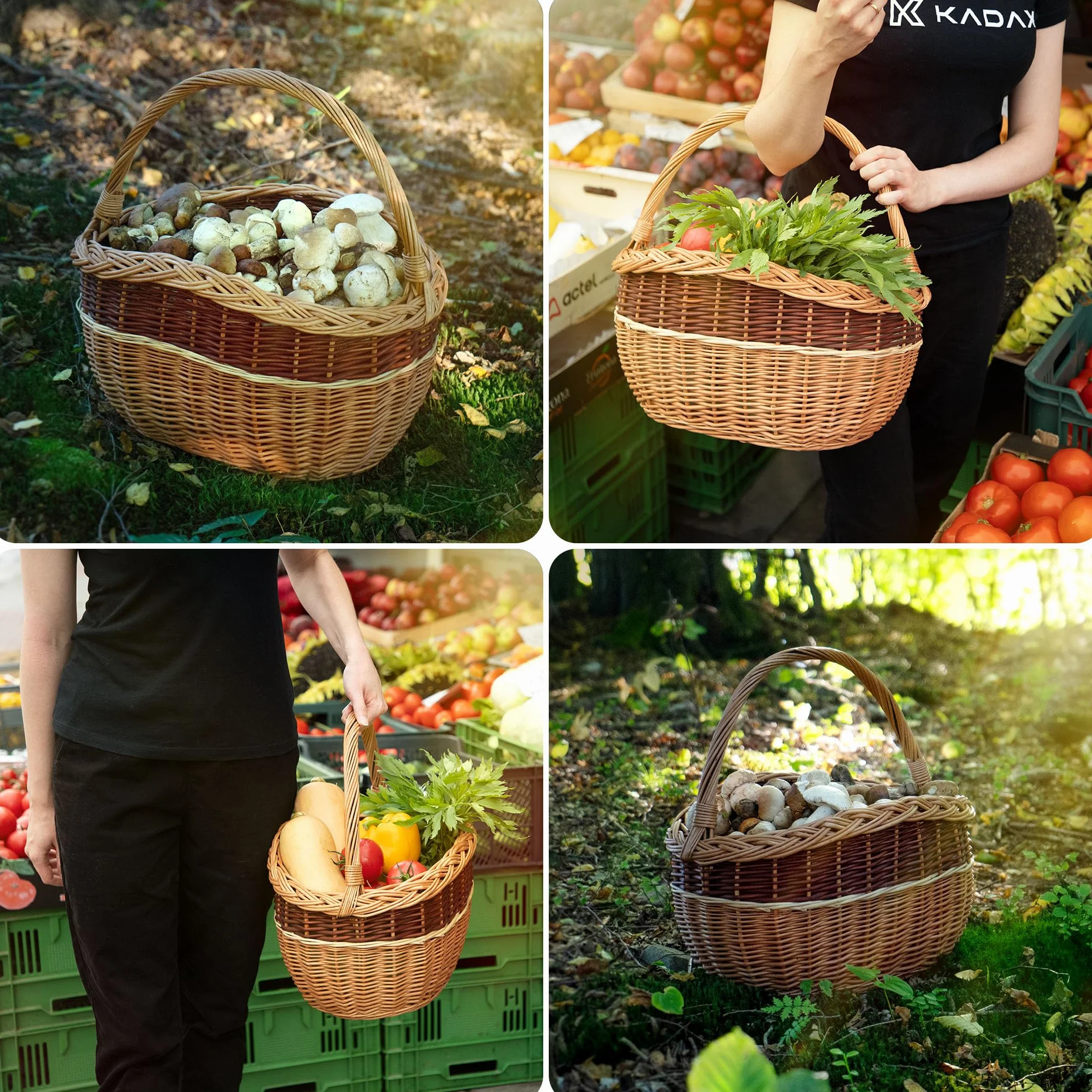 KADAX Cesta de mimbre para setas, compras, picnic, ovalada, marrón, mango de madera de sauce, 43 x 30 x 43 cm