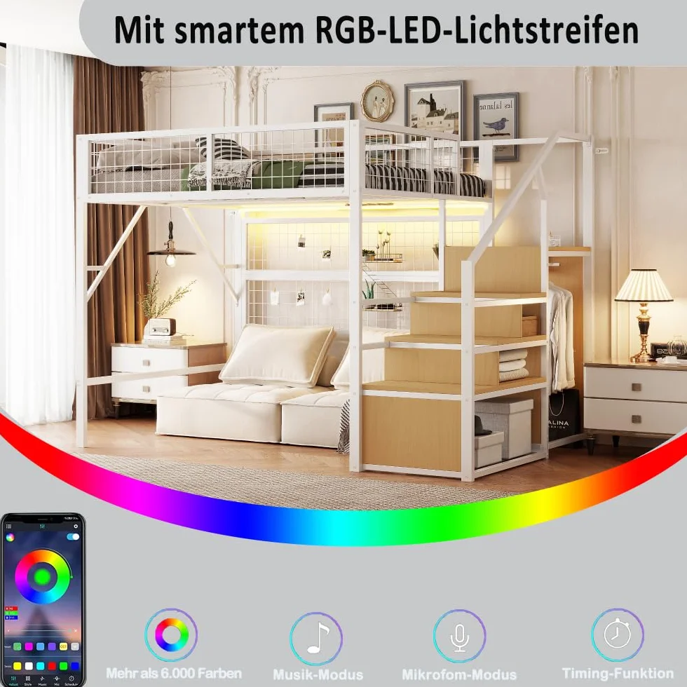 I0I&I0I Cama de metal de hierro para niños y jóvenes con tiras de luz LED, escalera con espacio de almacenamiento, armario abierto, color negro, versátil 193 (blanco + metal + 140 cm x 200 cm)