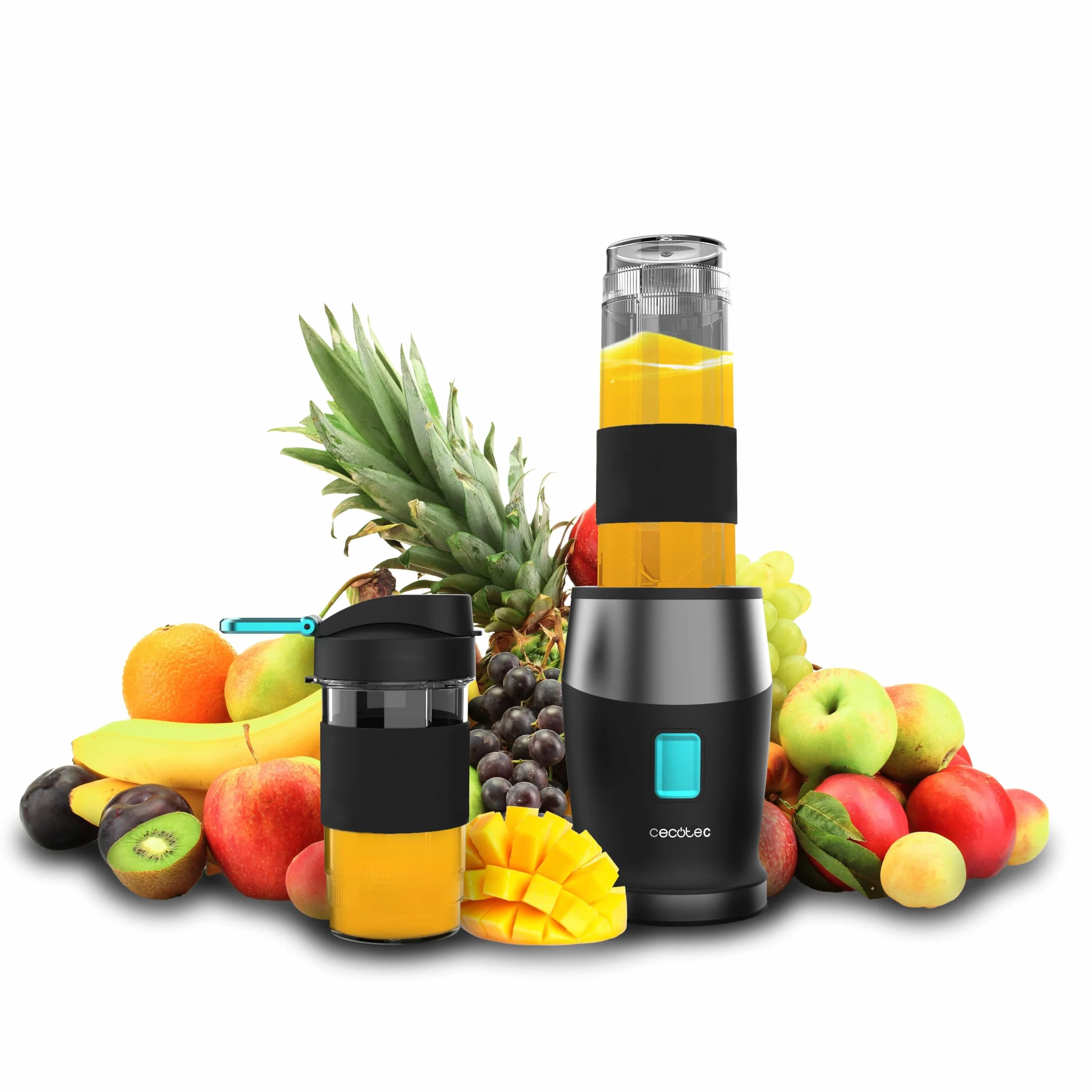 Cecotec Batidora de Vaso Individual Power Titanium 900 ProGo Hand Juice. 900W, 4 Cuchillas Titanio, Pica Hielo, Botella Sport 570ml, Agarre Ergonomico, Tapón Plegable, Asa de Silicona
