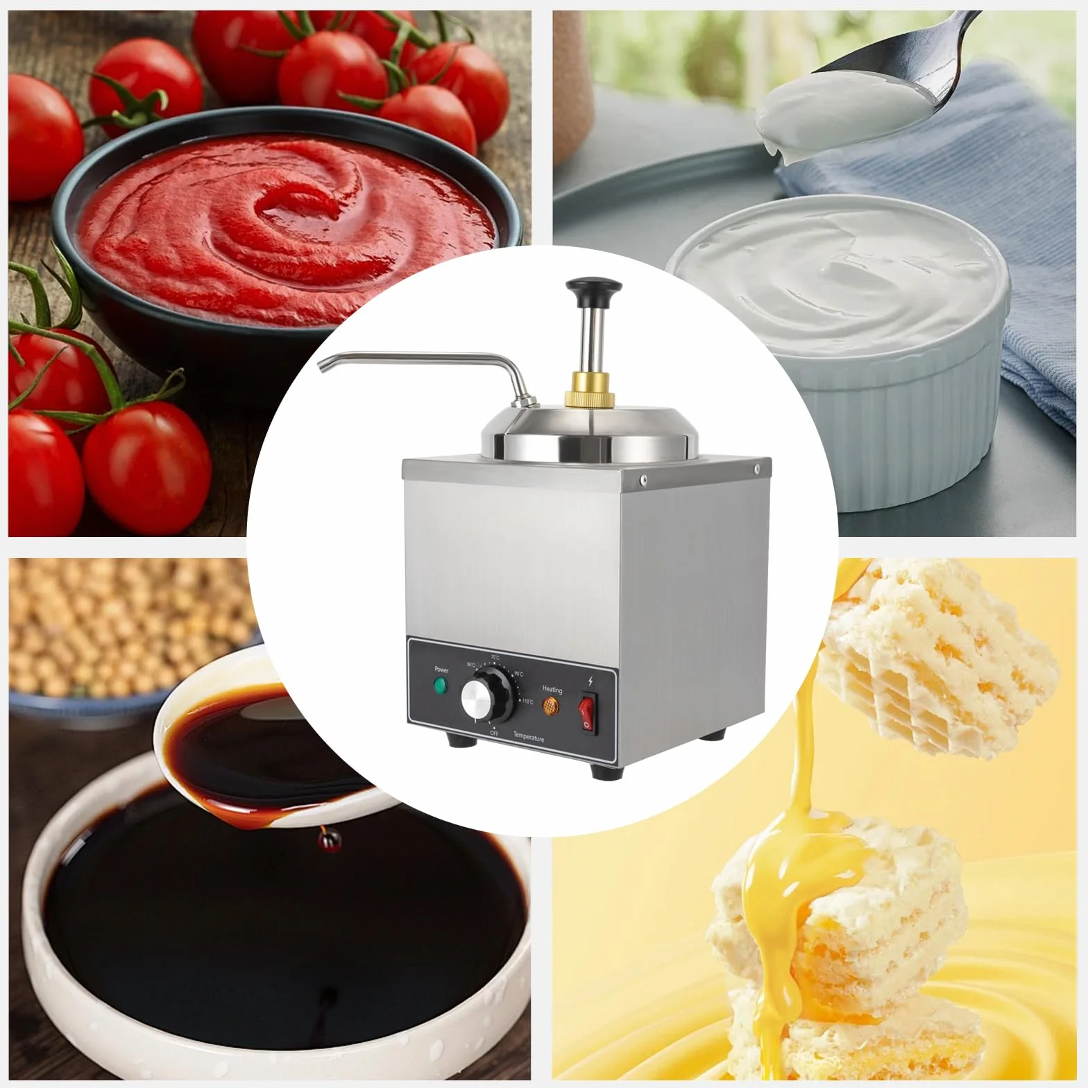 Dispensador de chocolate con bomba, calentador de salsa de acero inoxidable, capacidad de 2 litros, temperatura ajustable 30-110 ℃, ideal para cafés, snack bar y restaurantes para almacenar salsas y